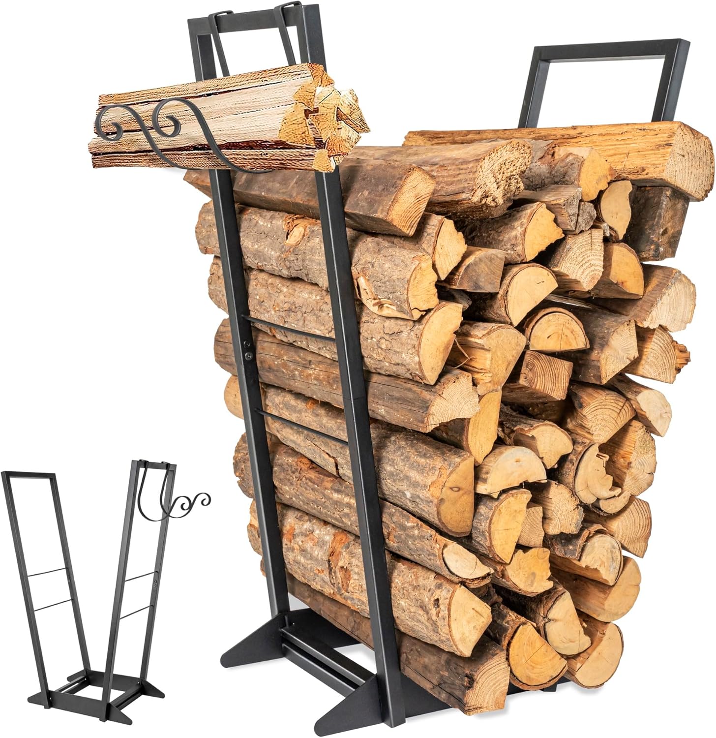 AJART Heavy-Duty Outdoor Firewood Log Rack, 32 Inch Metal Wood Holder for Fireplace or Stove, Black
