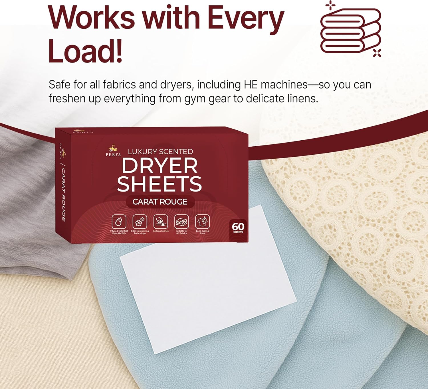 Dryer Sheets – Carat Rouge Scent | Ultra-Soft Essential Oil Dryer Sheet | Long-Lasting Fabric Sheet | 60 PCS Scented Laundry Sheets With Odor Neutralizing Technology by Perfa - Image 7