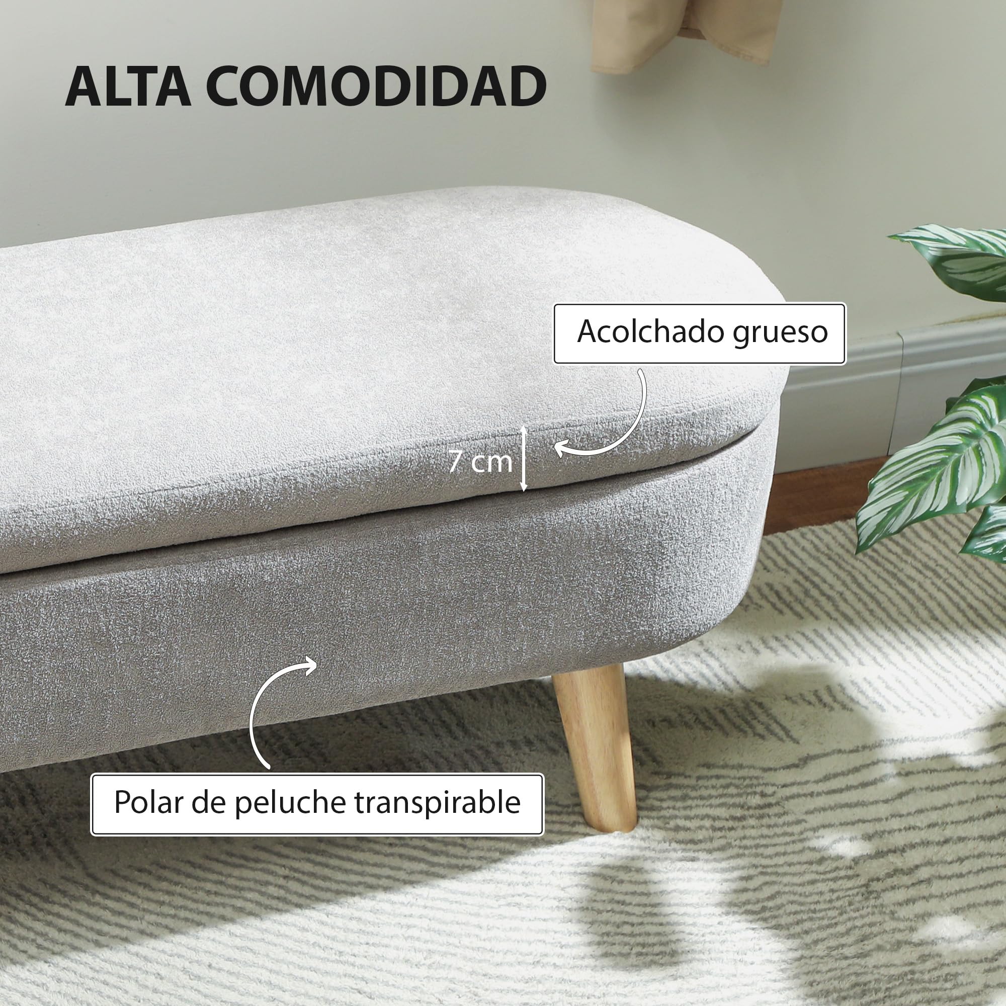 HOMCOM Banco Pie de Cama, Puff Almacenaje Tapizado en Terciopelo de Teddy con Patas de Madera y Asiento Acolchado, Banco de Almacenaje Ovalado para Dormitorio, Entrada, Pasillo, Gris Claro