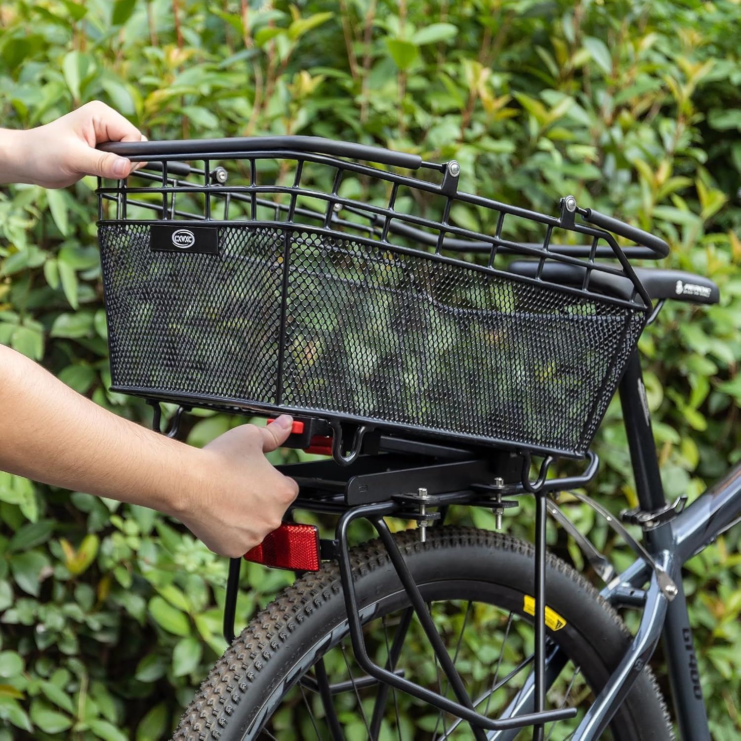 CXWXC Hinterer Fahrradkorb mit Griff – Schnell Abnehmbarer Fahrrad‑Heckkorb mit Gepäcknetz und wasserdichter Abdeckung, großer Drahtkorb für das Fahrradheck