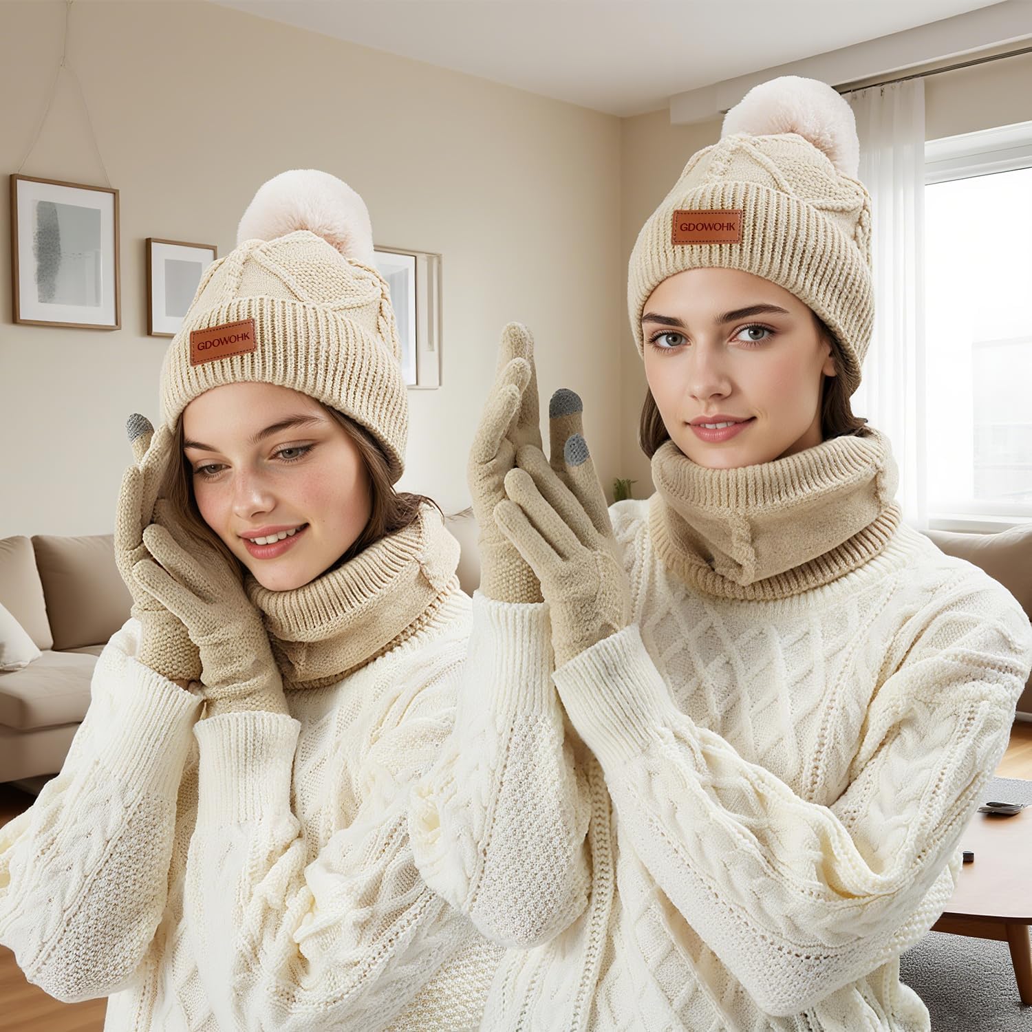 Winter Hat Gloves Scarf Set, 5% Wool Warm Fleece Beanie, Knit Scarf, Touchscreen Gloves - Image 3