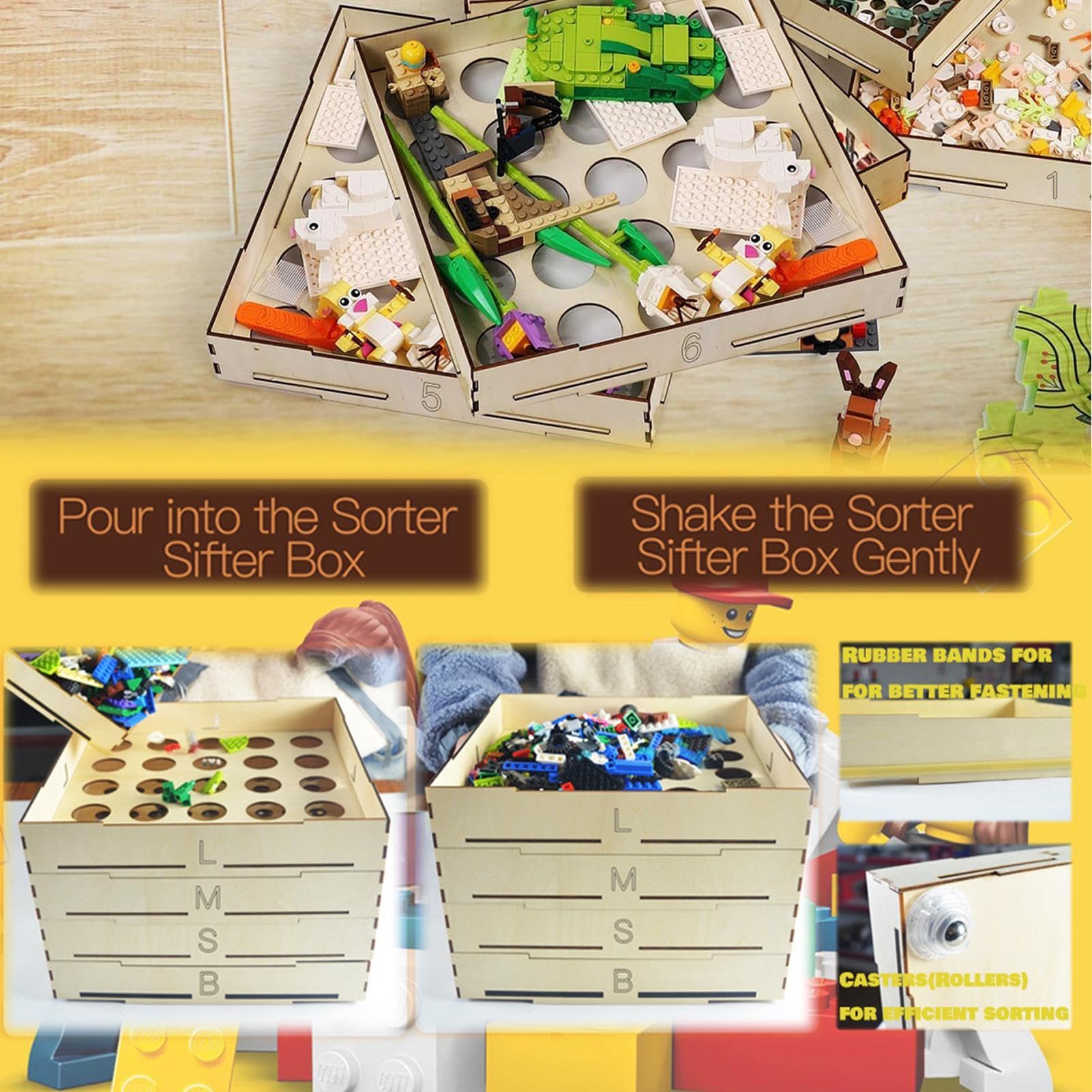 Genérico Wooden Building Bricks Sorter - Four Tray Storage Organizer Box