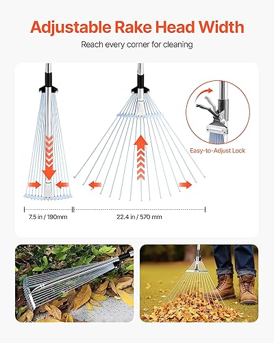Miniatura 3 de VEVOR Rastrillo de hojas, 15 dientes de metal, rastrillo de jardín ajustable para césped con cabeza de 7.5 a 22.4 pulgadas de ancho y mango largo de
