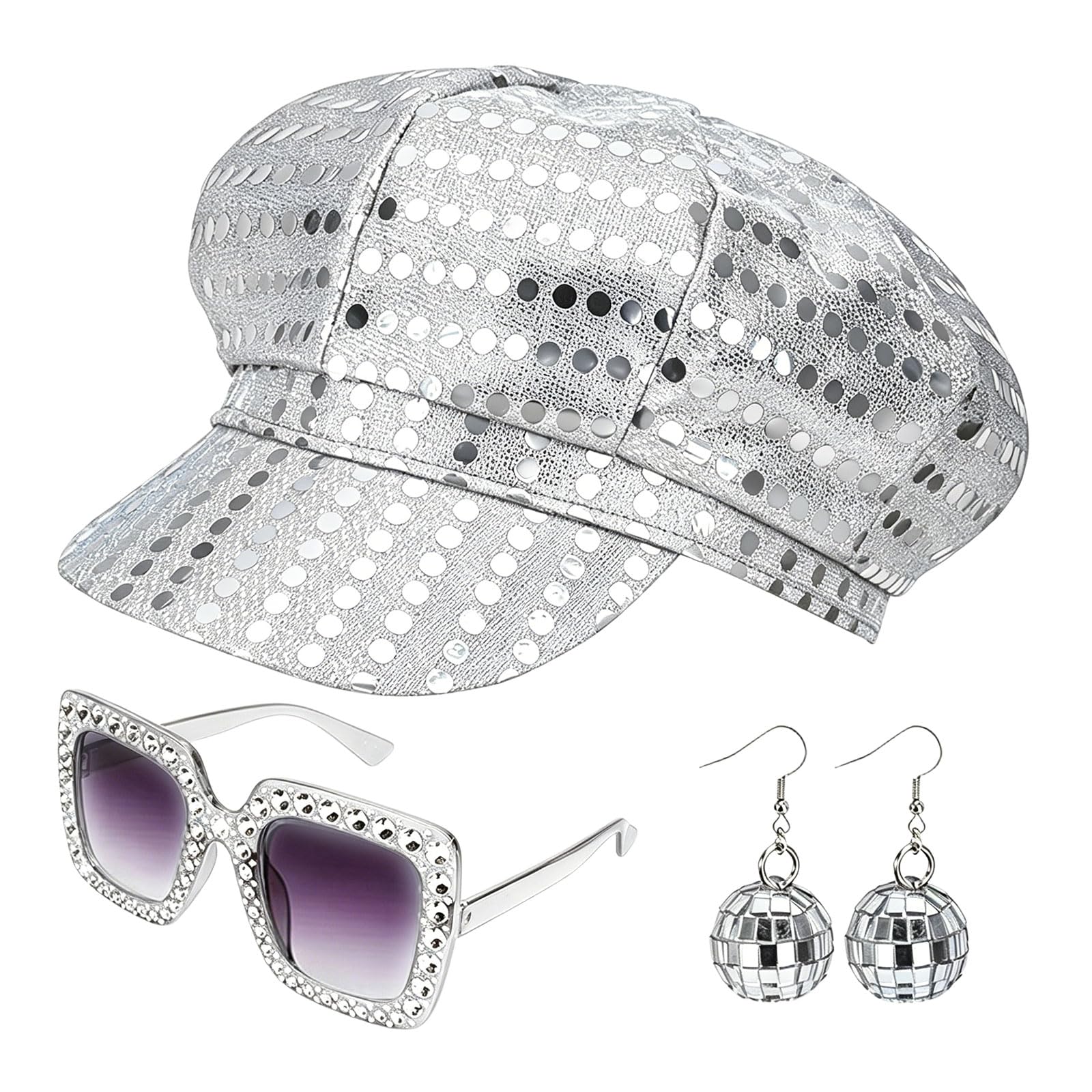 3Pcs 70s Sequin Hat Silver Disco Hat for Adult Abba Accessories Women with Sequined Square Bling Sunglasses Disco Costume Set for Women Theme Party Birthday Dance (One Size)