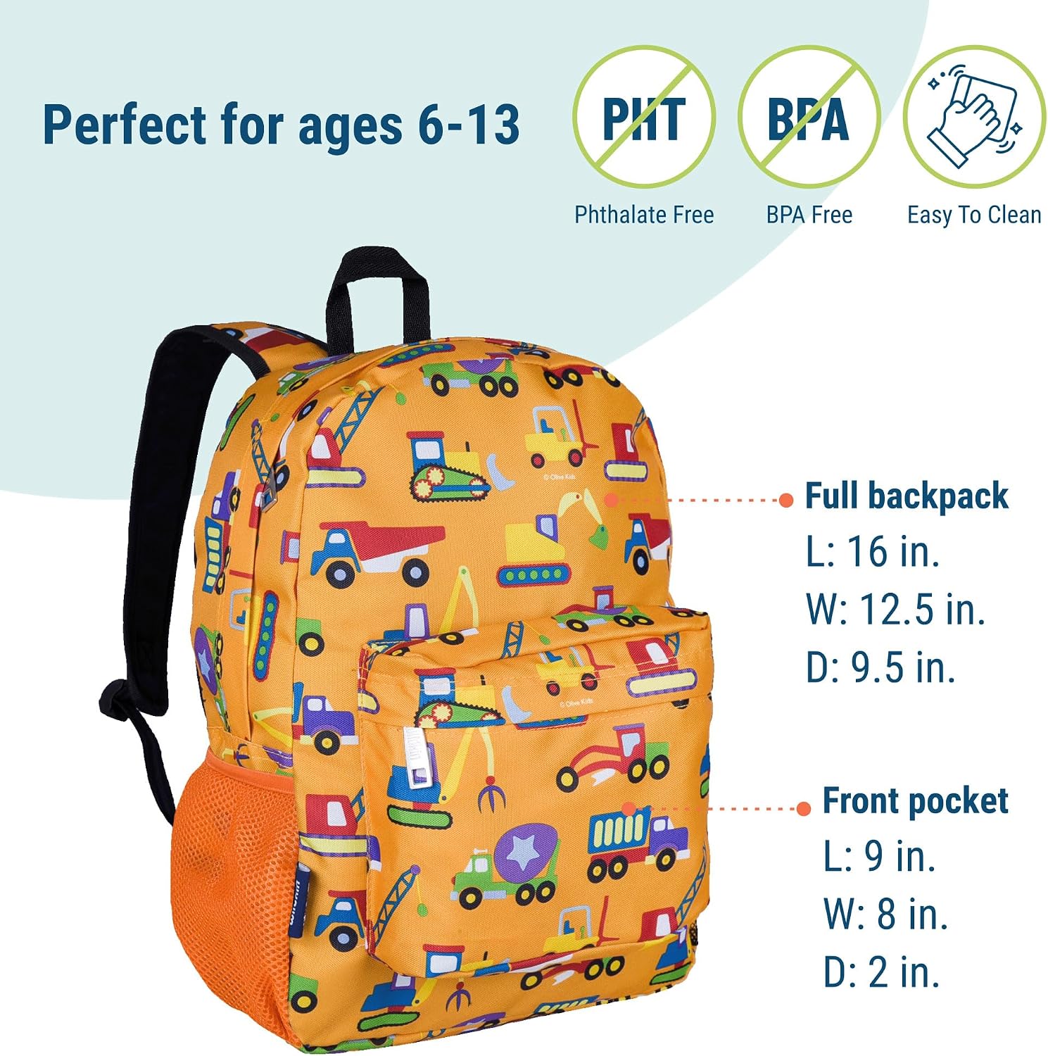 Wildkin Kids 16 Inch Elementary School Backpack for Boys – Durable Padded Bag with Adjustable Straps for School, Travel & Everyday Use, Multiple Pockets, Ages 6–13 – Under Construction