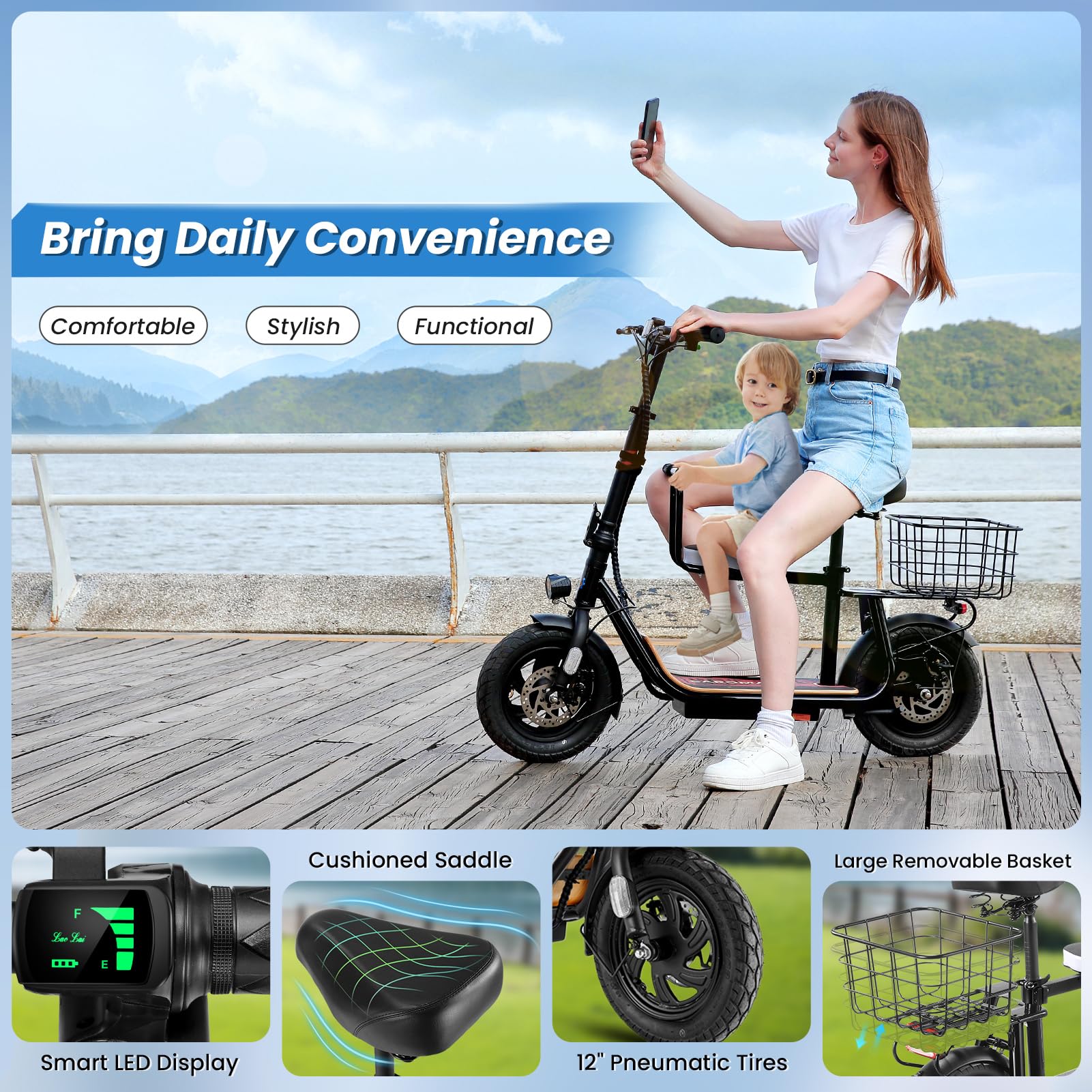 Caroma 560W Peak Electric Scooter Adults, 12 Miles Max Range Electric Scooter with Seat for Teens, 20mph Top Speed Foldable Commuter Ebike, Portable E-Scooters with Basket