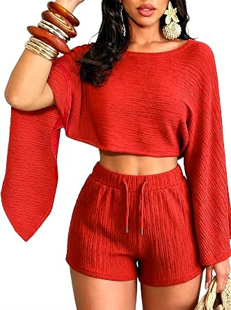 QegarTop Womens Summer Outfits 2 Piece Vacation Short Sets Batwing Sexy Going Out Beach Outfits 2026 Vacation Matching Set