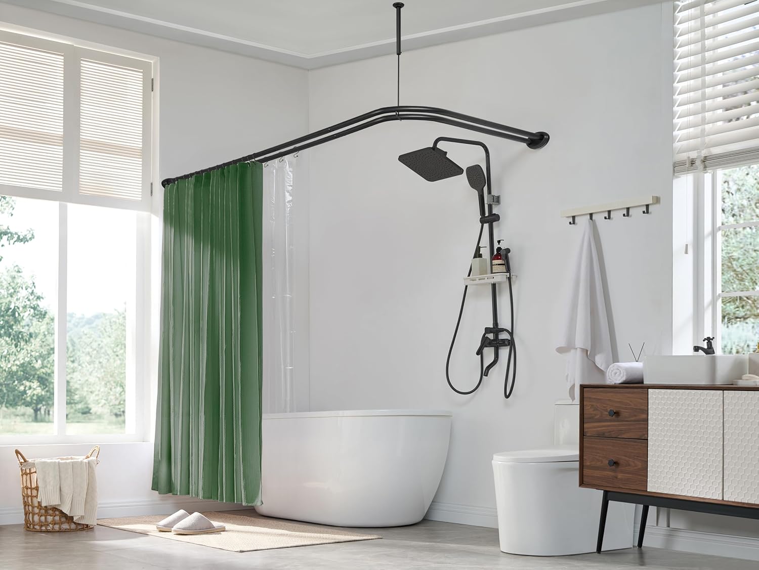 Utopia Alley Rustproof Wall Mounted Aluminum Double L Shaped Shower Curtain Rod 72" L x 31.7" W, with 24 Shower Hooks included & Ceiling Support