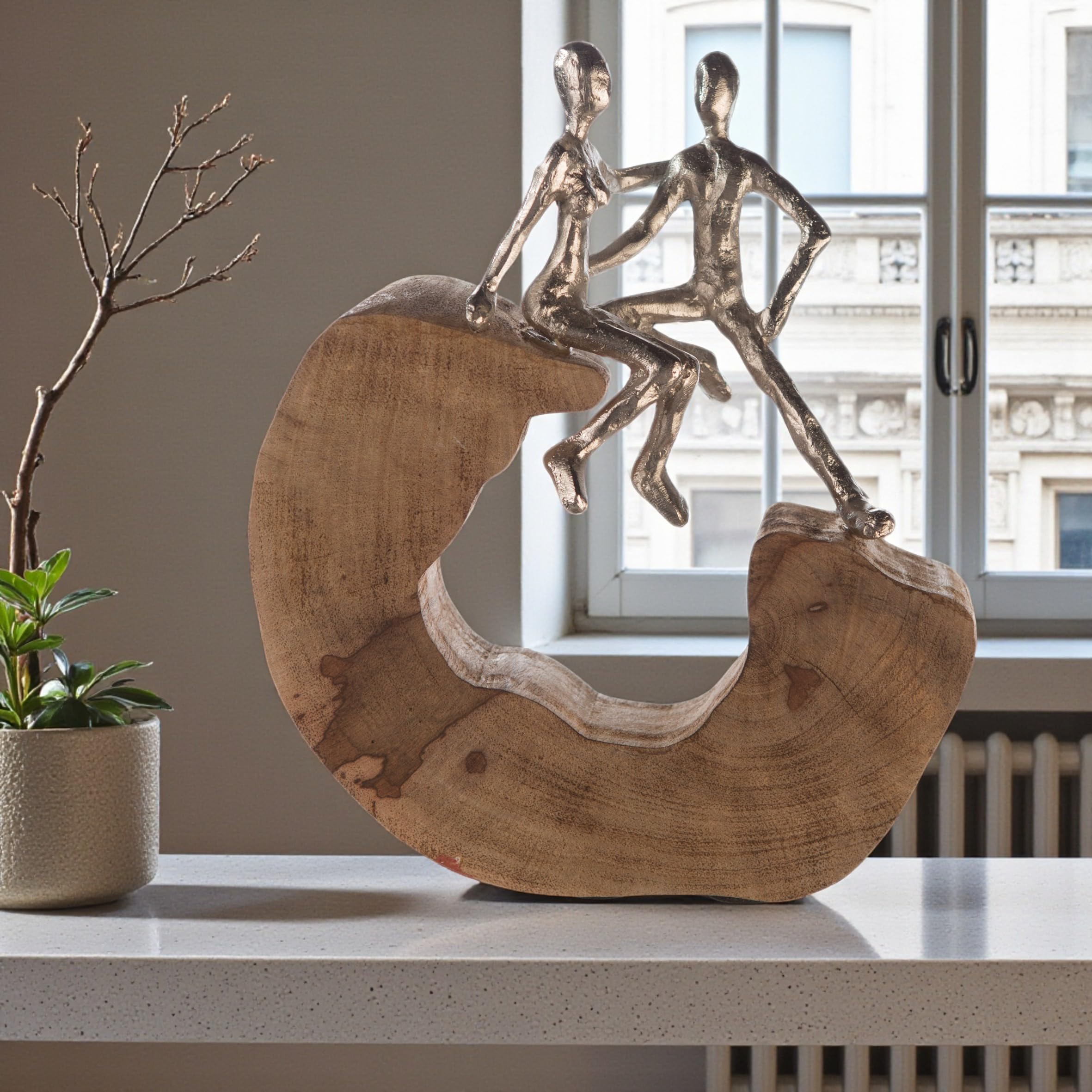 Casablanca Skulptur Secure, Deko Figur Naturfarben, Silber, Metall u. Mangoholz Statue Wohnzimmer, Büro Dekoration H. 27 cm x B. 25 cm - Geschenk Moderne Skulpturen, Couple Liebe Figur