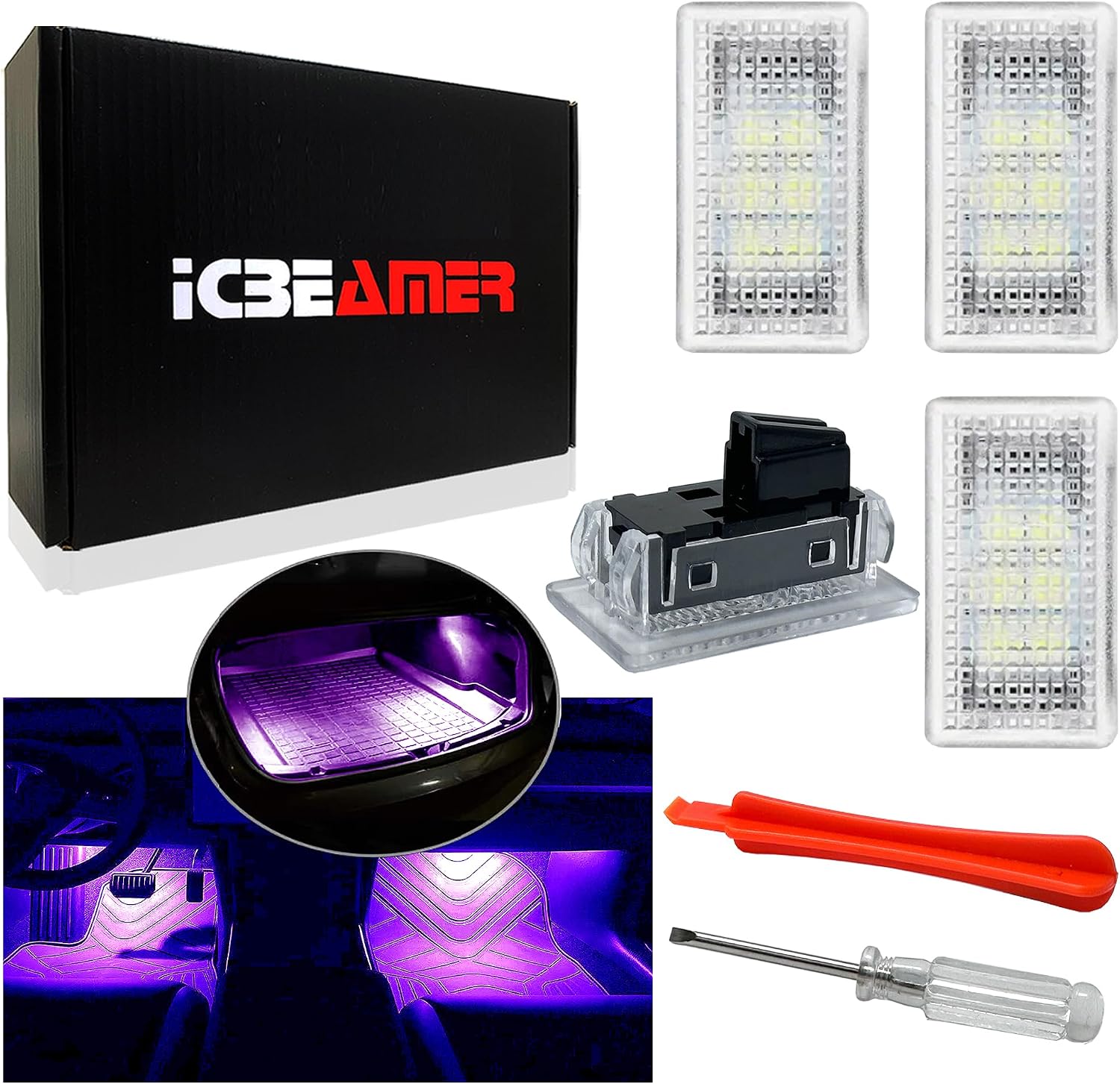 ICBEAMER For Tesla Interior LED Lights Kit: Ultra-bright, easy plug-in, with a panel removal tool. Fits Model 3, S, Y, X. Trunk, Frunk, Door Puddle, Foot-Well, Fit Tesla Accessories(4 Packs in Purple)