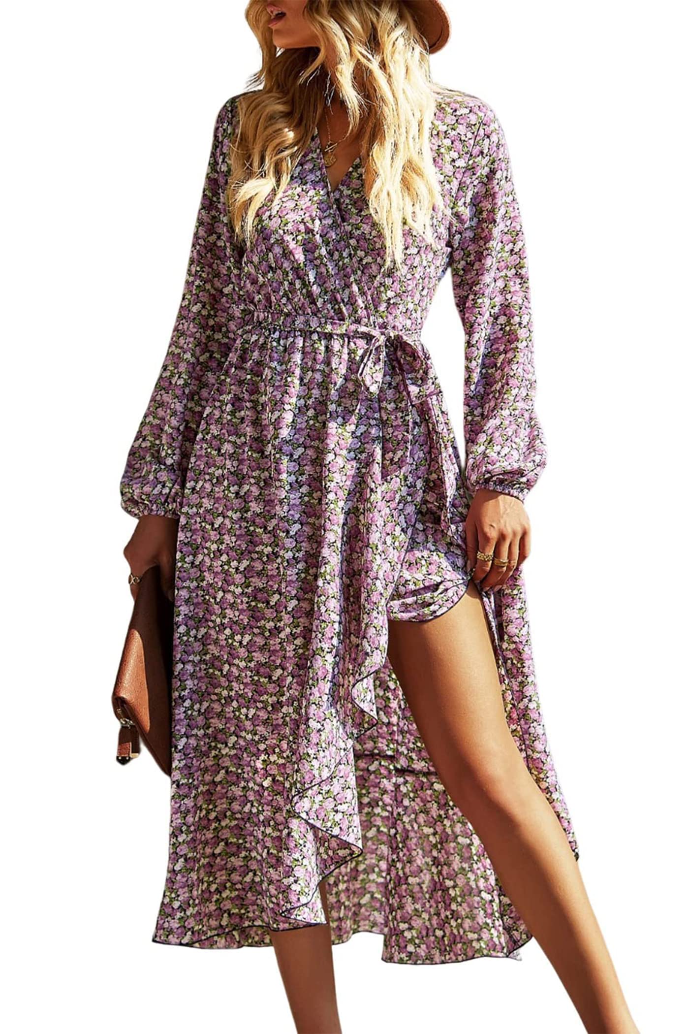 PRETTYGARDEN Women's Long Sleeve Vintage Wrap Dress Floral Print V-Neck Maxi Dresses with Belt (Black Purple Floral,Small)