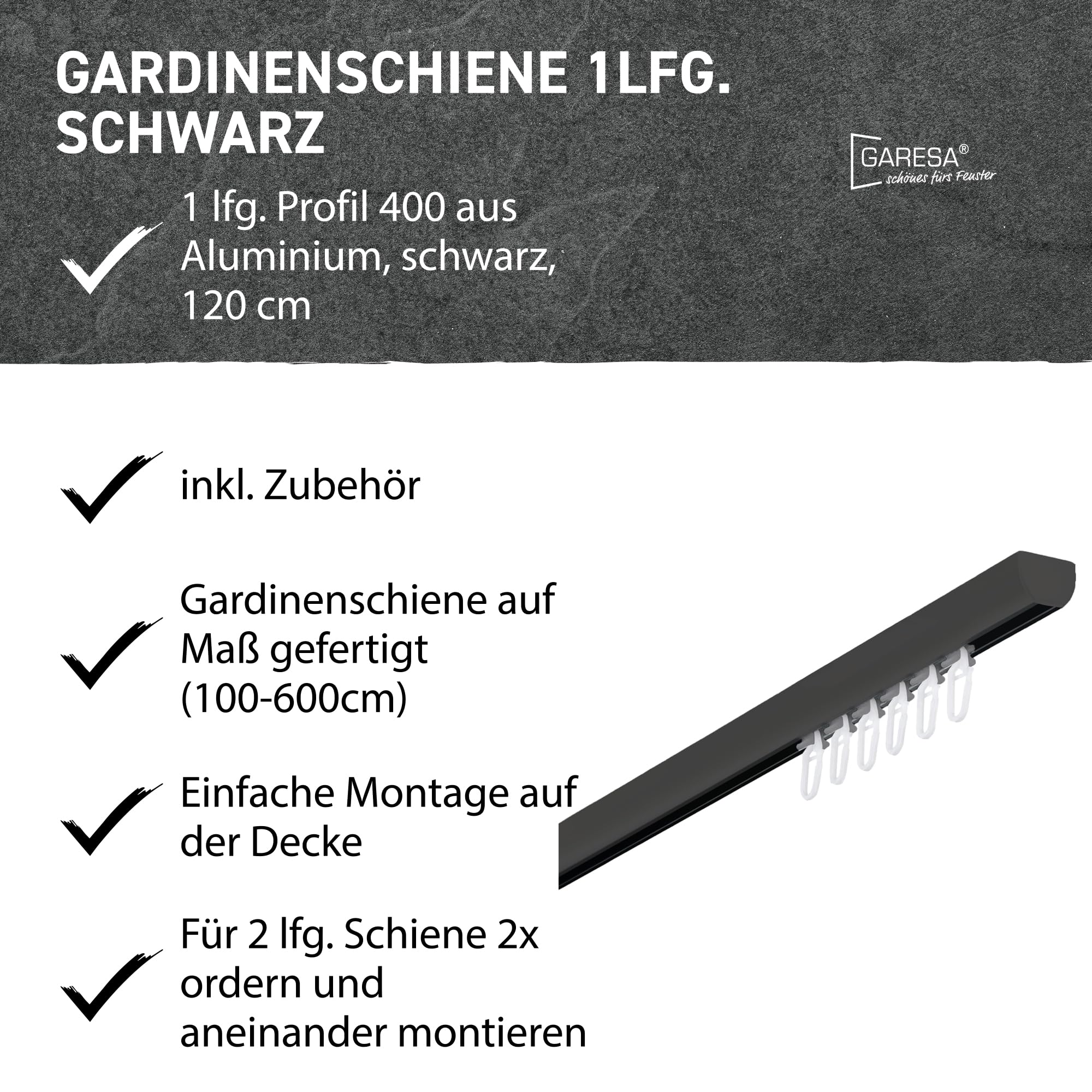 Garesa Gardinenschiene Profil 400, 1-läufig, Schwarz I Aluminiumschiene inkl. Gleiter I Deckenmontage I Halbrunde Vorhangschiene I 120cm