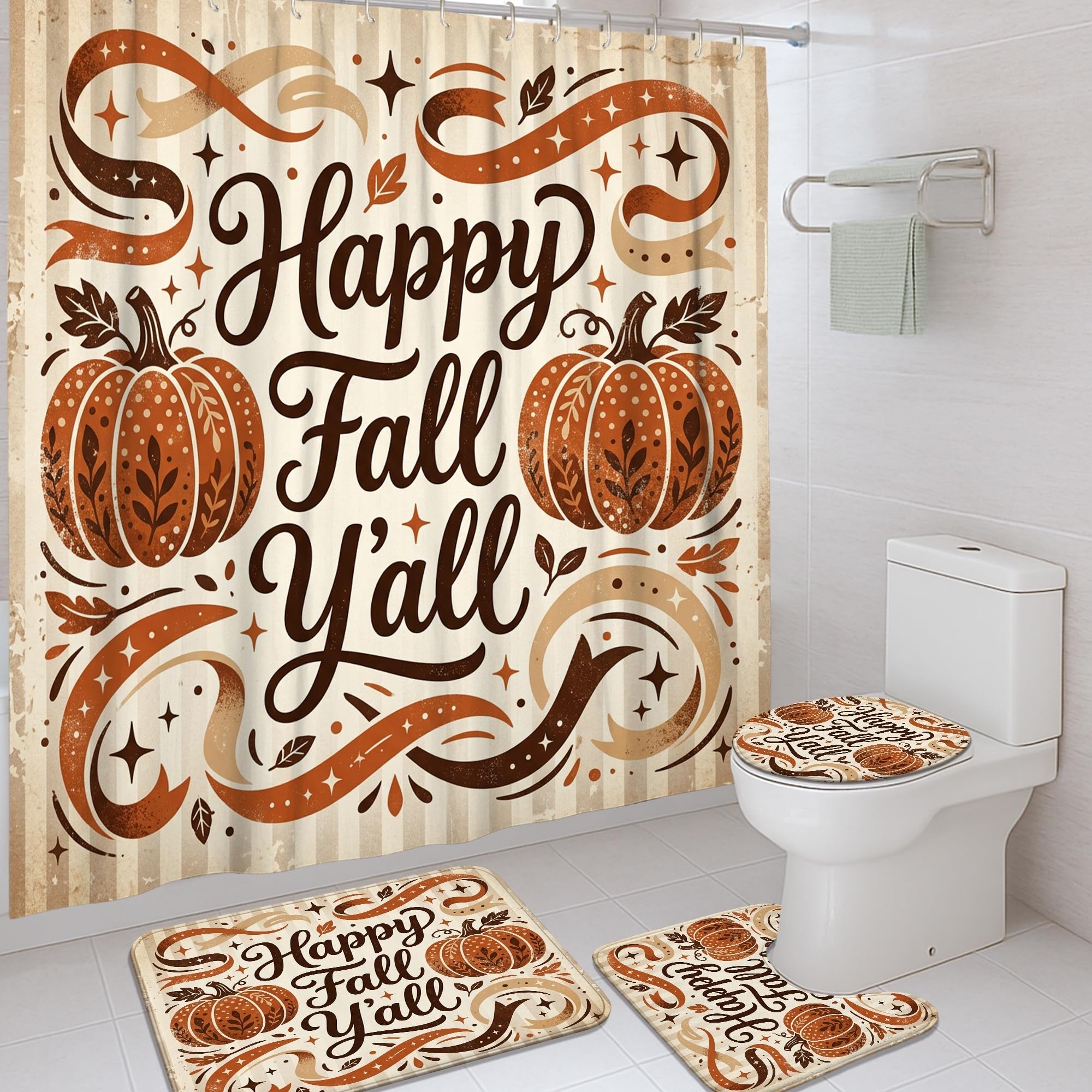 Rideau de douche citrouilles d'automne 183 cm lavable avec accessoires