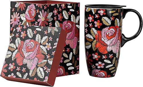 Topadorn Taza de café de cerámica Taza de cerámica de viaje Taza de té de cerámica con caja de color 17 oz, flores rojas
