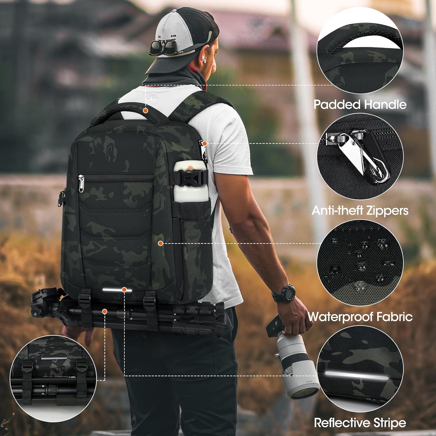 SDYSM Camera Bag Backpack Professional for DSLR SLR Mirrorless Camera Waterproof Laptop Back Pack 14 Inch with Rain Cover Anti Theft Travel Case Large Capacity Photography Backpack Camouflage