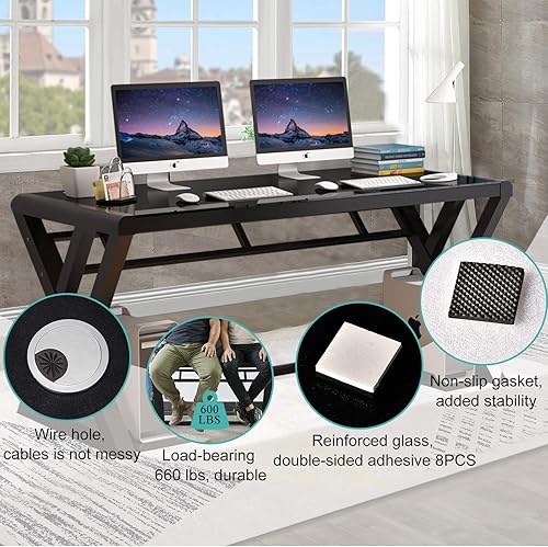 Miniatura 3 de Escritorio de cristal templado con marco de metal, escritorio de oficina, mesa de computadora moderna de estudio de trabajo de escritorio para