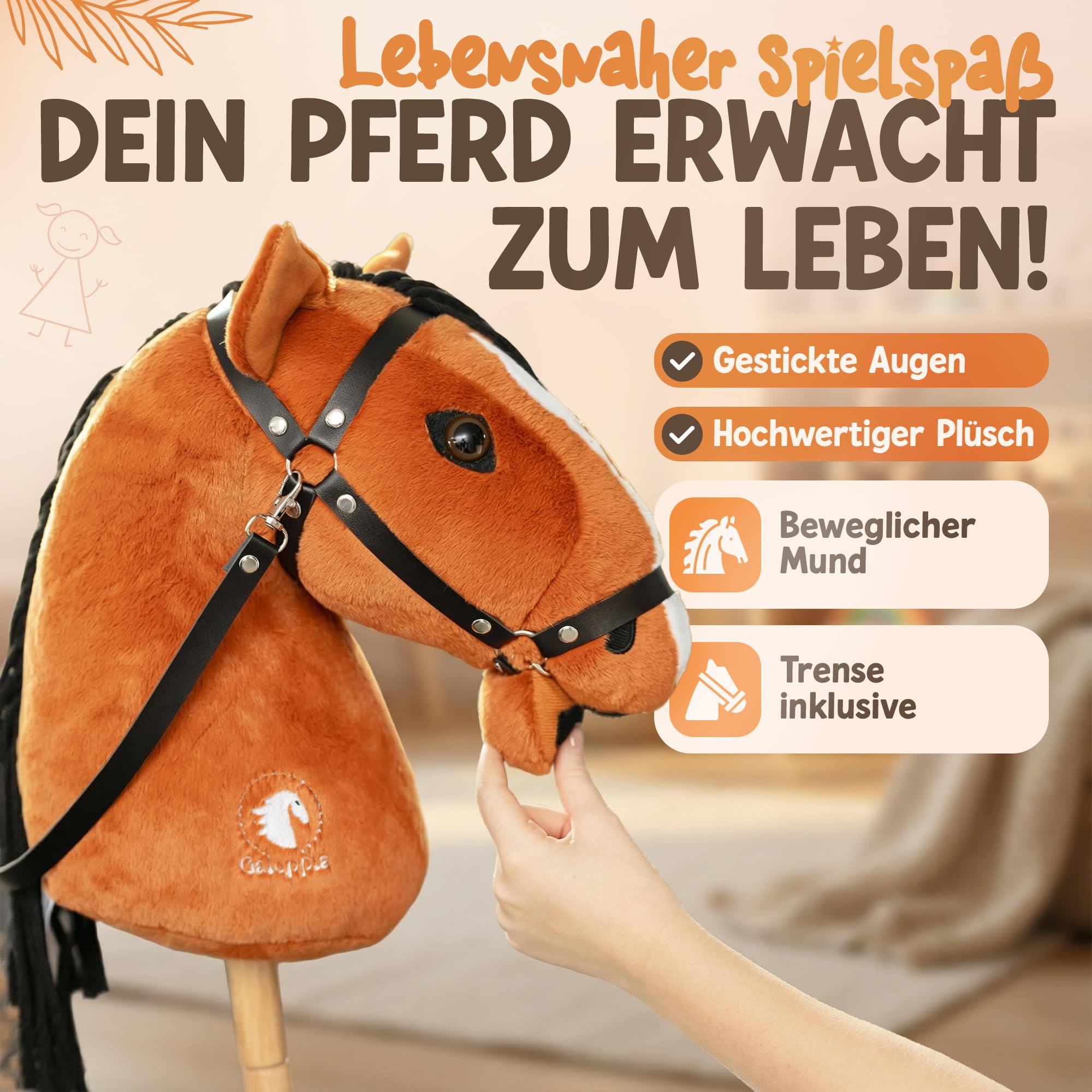 Hobby Horse mit anpassbaren Holzstangen, Steckenpferd Braun, Hobby Horse Pferde für Reitspass, Steckenpferde Kinder, Stockpferd, Stockpferd für Kinder,