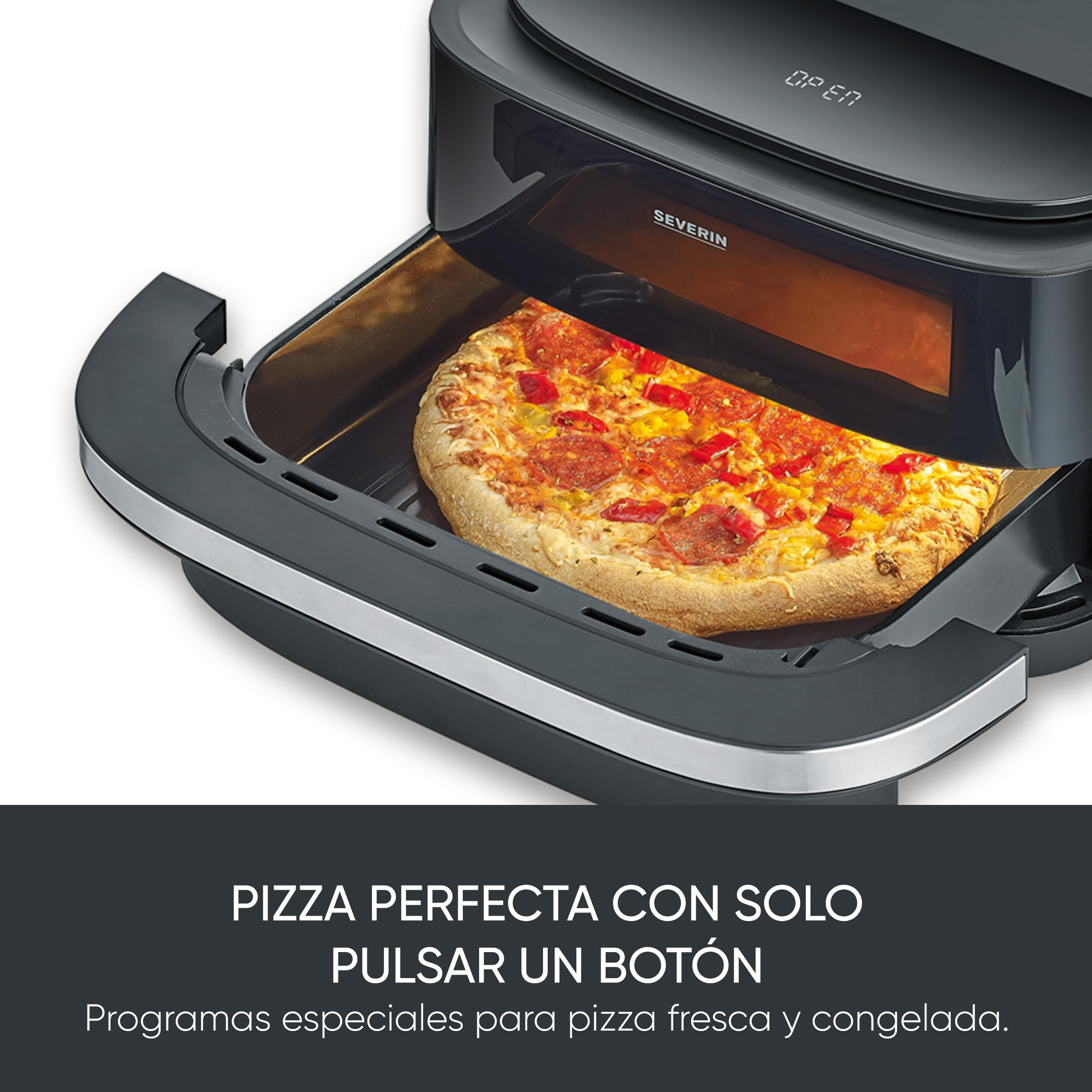 SEVERIN Freidora de aire S-Fry Pizza & More, 10 programas automáticos para pizza y más, distribución óptima del calor, forma extraancha, ventana de visualización, 4 l, 2100 W, negro, plateado, FR 2464