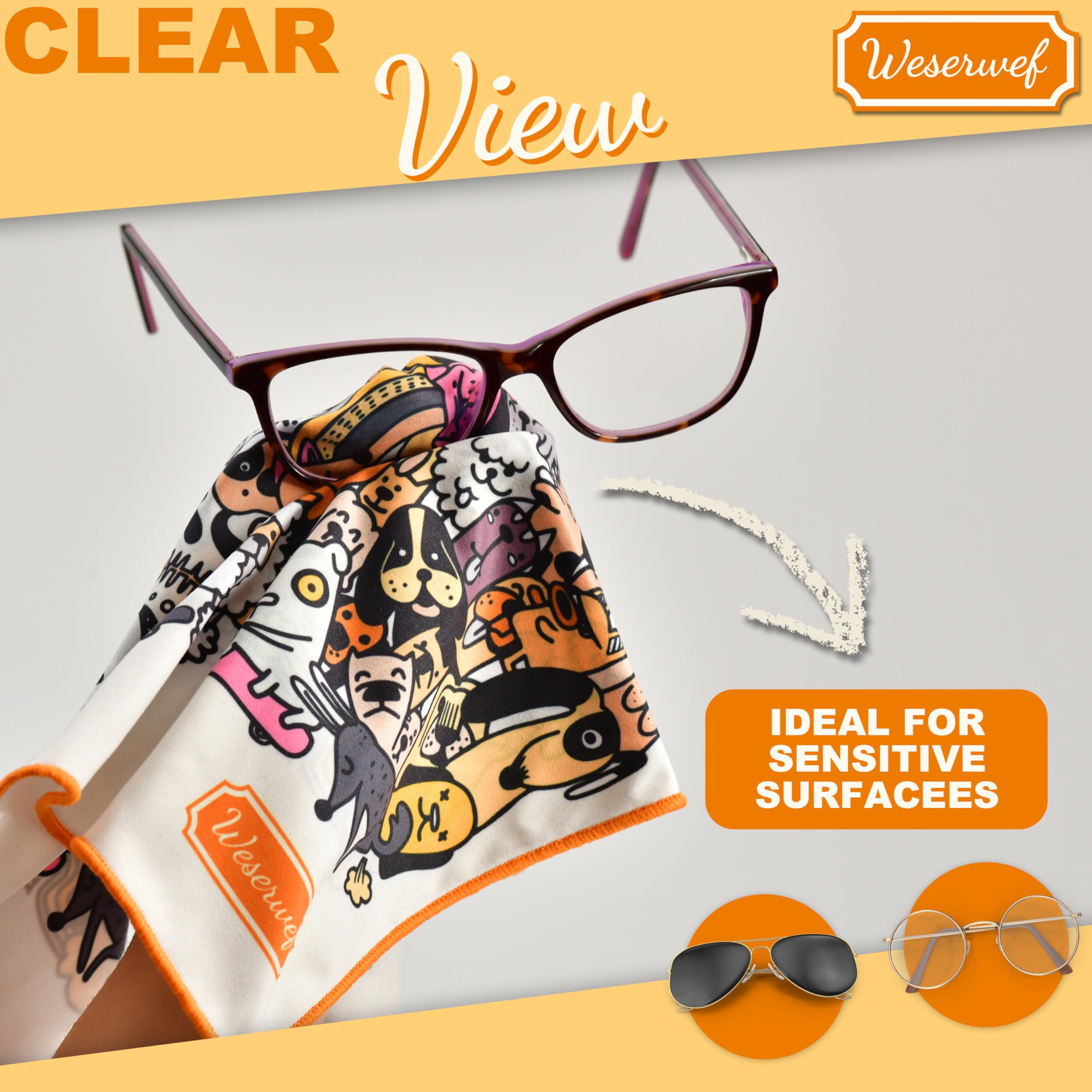 Weserwef Gamuza de microfibra – 30 x 30 cm – para la limpieza suave y profunda de superficies delicadas, pantallas de televisión LCD, smartphones, lentes de cámara y gafas (Funny Dogs)