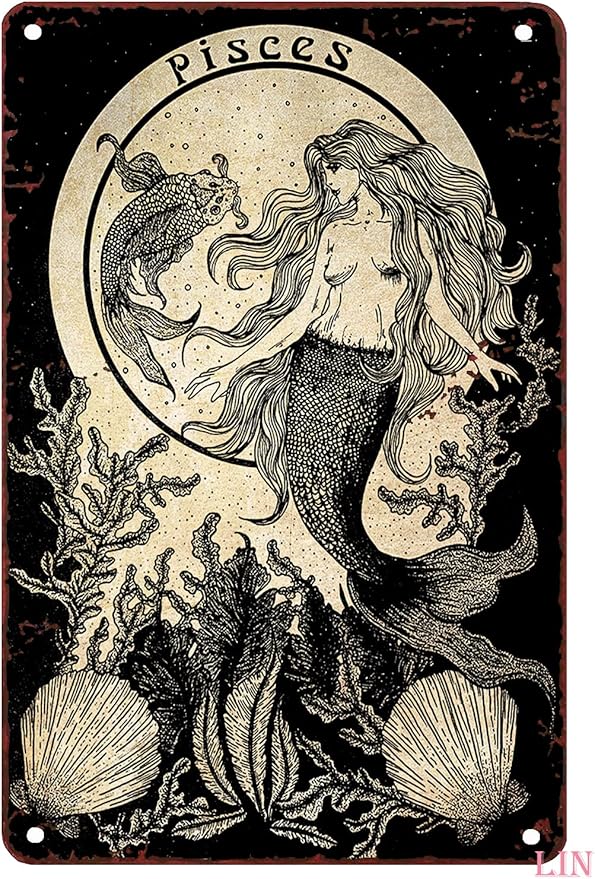 Retro Mermaid Wall Art Fish Moon Magic Metal Tin Sign Decoration for Garage Yard Home Outdoor 8x12 Inch