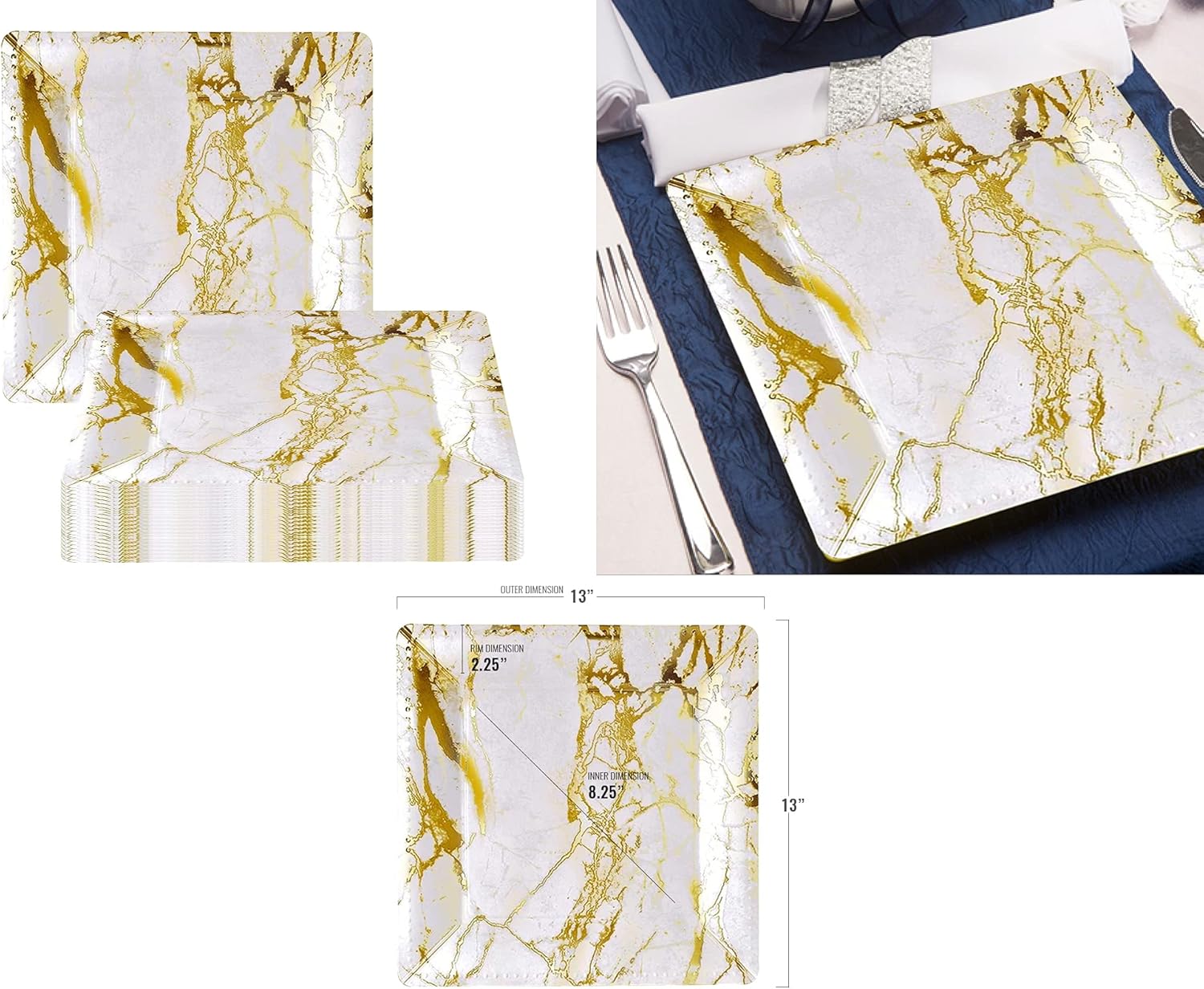 Smarty Had A Party Disposable Charger Plates, Heavy Duty Paper Plate Holder Table Setting, 13" Elegant Dinnerware Bulk for Wedding and Parties (Square White with Gold Marble 120 pcs)