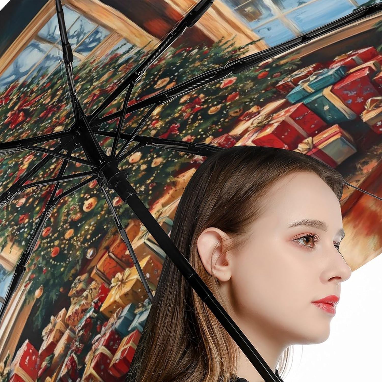 Christmas Tree Windproof Travel Umbrella Compact Portable Automatic Umbrella for Sun Rain