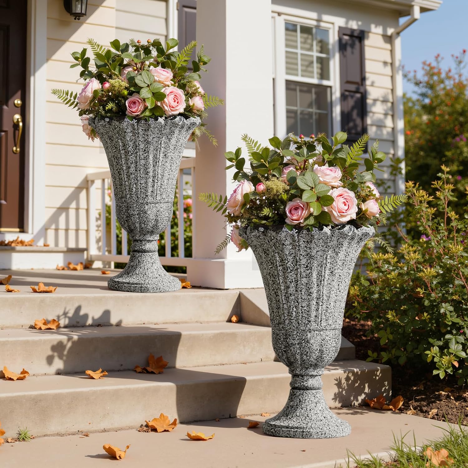 Tall Plastic Urn Planters for Outdoor Plants Set of 2-23.6" H Classic Petal Design Indoor Large Flower Pots with Drainage Holes, Outdoor Planters for Porch Decor/Garden Vase, Black