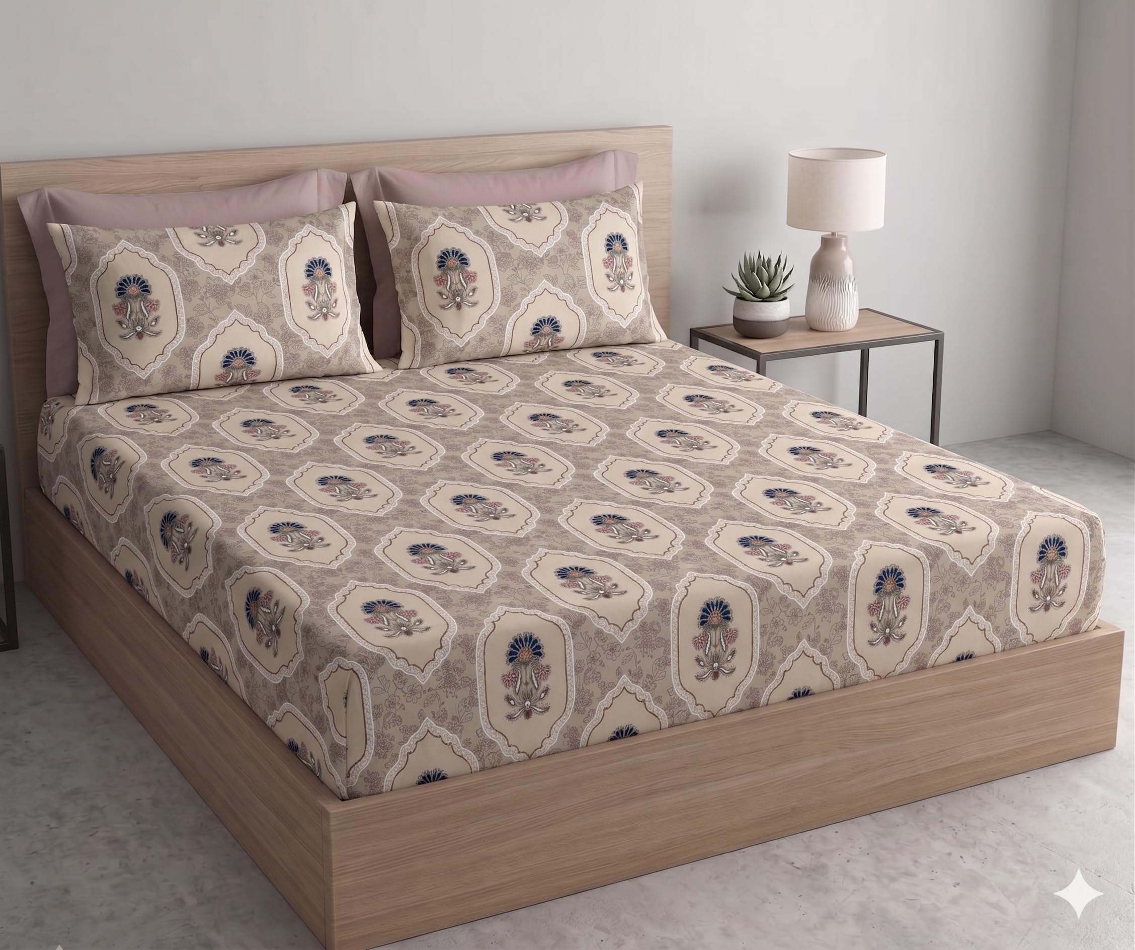 DECOMIZER Cotton Feel Glace Cotton Elastic Fitted Printed King Size Double Bed Bedsheet with 2 Large Pillow Covers Fits Upto Mattress of 8 Inches,Size - 72 x 78 x 10 Inches,Beige Vase Flower