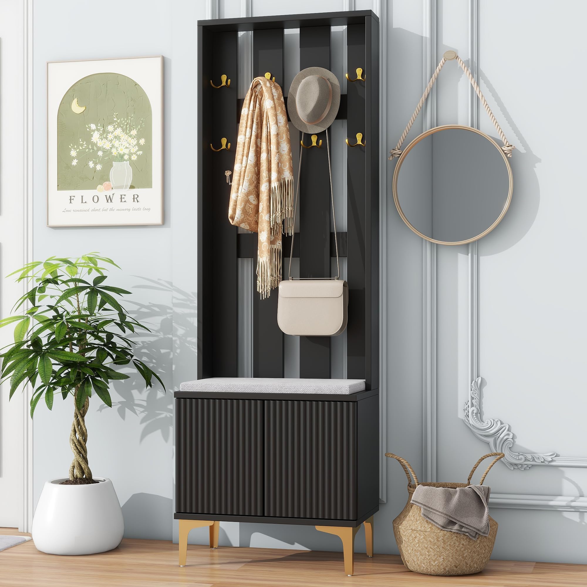 Modern Luxury 3-in-1 Hall Tree with Cushion, Wood Versatile Coat Rack with Adjustable Shelves for Entrance, Hallway Black