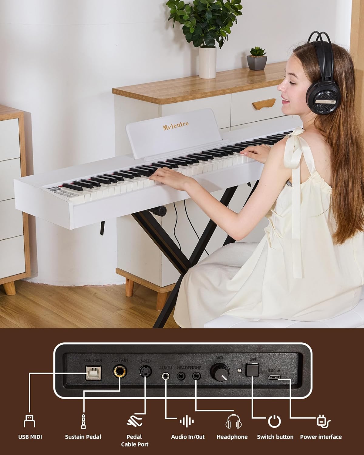 Digital Piano 88 key Semi Weighted Keyboard With X Stand & Sustain Pedal, Full-Size Beginner Electric Piano For Bluetooth, Headphone Mode, USB-MIDI (White)