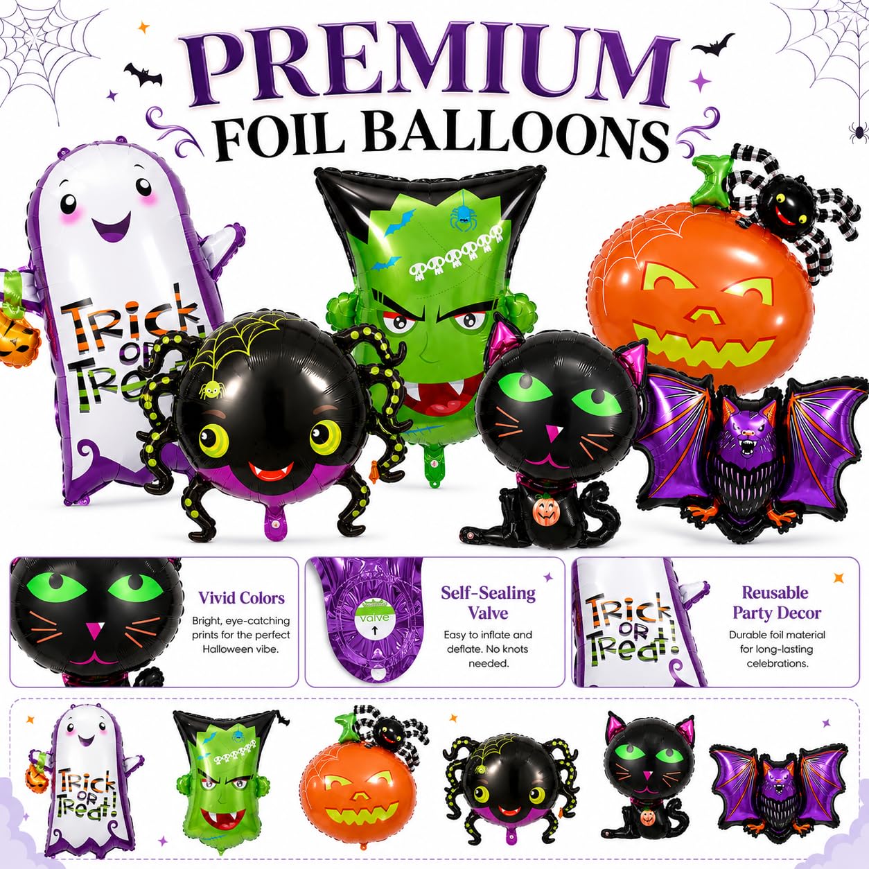 Halloween Deko Folienballon Set, 6 Stück XXL Luftballon Geist Katze Spinne Kürbis Fledermaus Grün Monster Kopf Happy Halloween Ballon für Kinder Horror Thema Trick or Treat Gruselig Party Dekoration