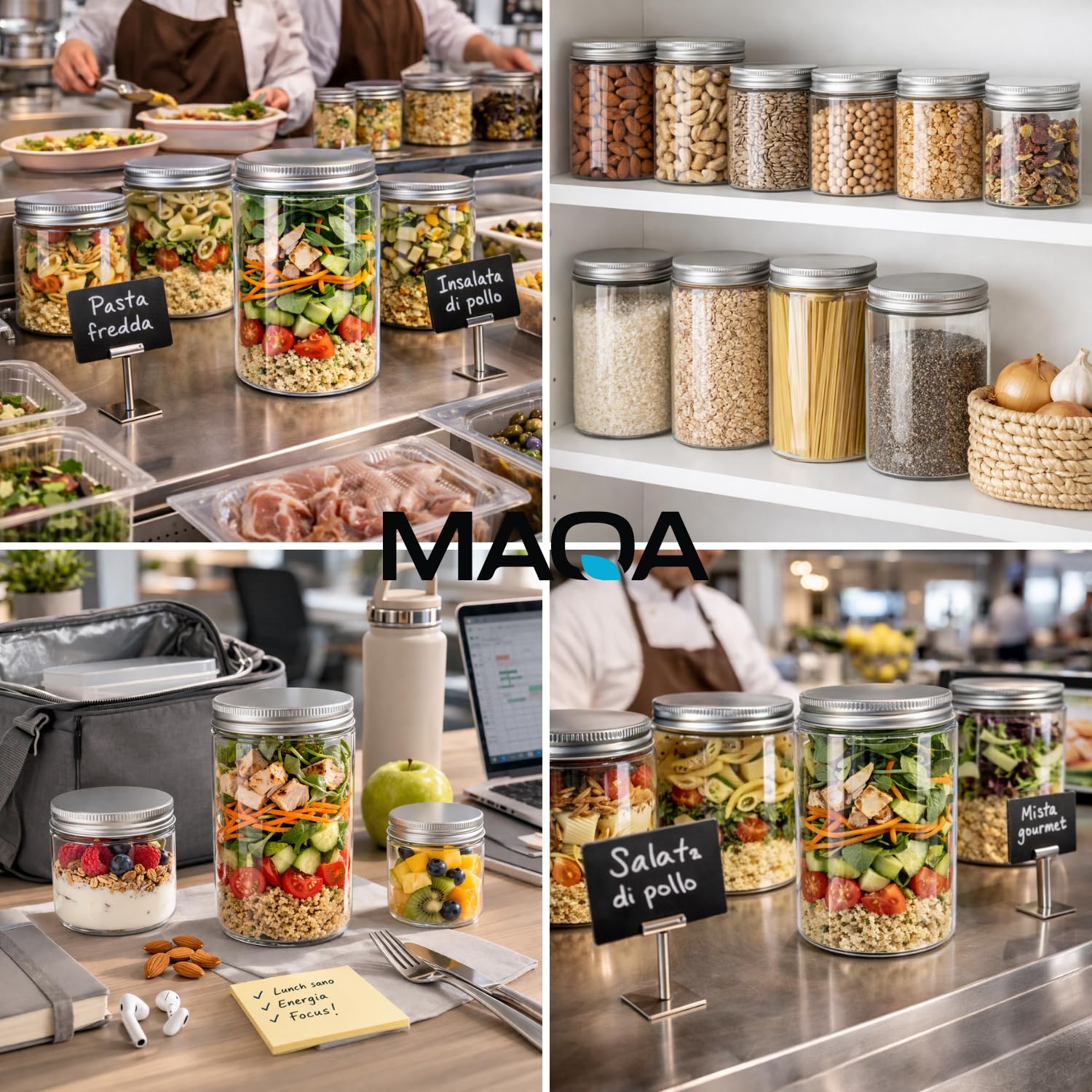 MAQA Take Away - 24 tarros de cocina transparentes de PET – 700 ml – Take Away con tapón de aluminio hermético – Tarros para especias, alimentos, ensaladas, postres y platos preparados – Antifugas