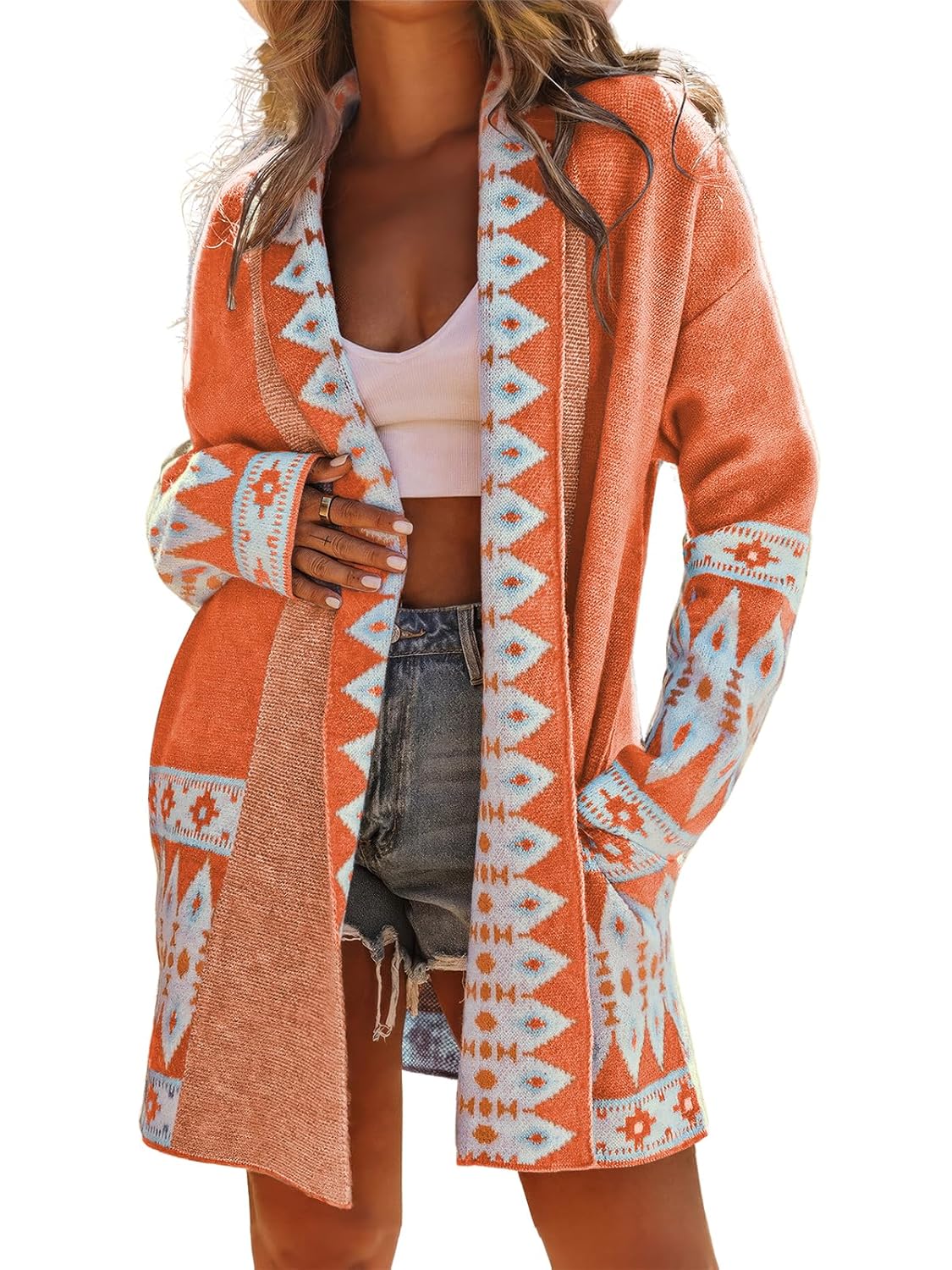 ebossy Womens Fashion Aztec Print Jacquard Knit Open Front Cardigan Lapel Long Sleeve Boho Graphic Long Sweater Coat