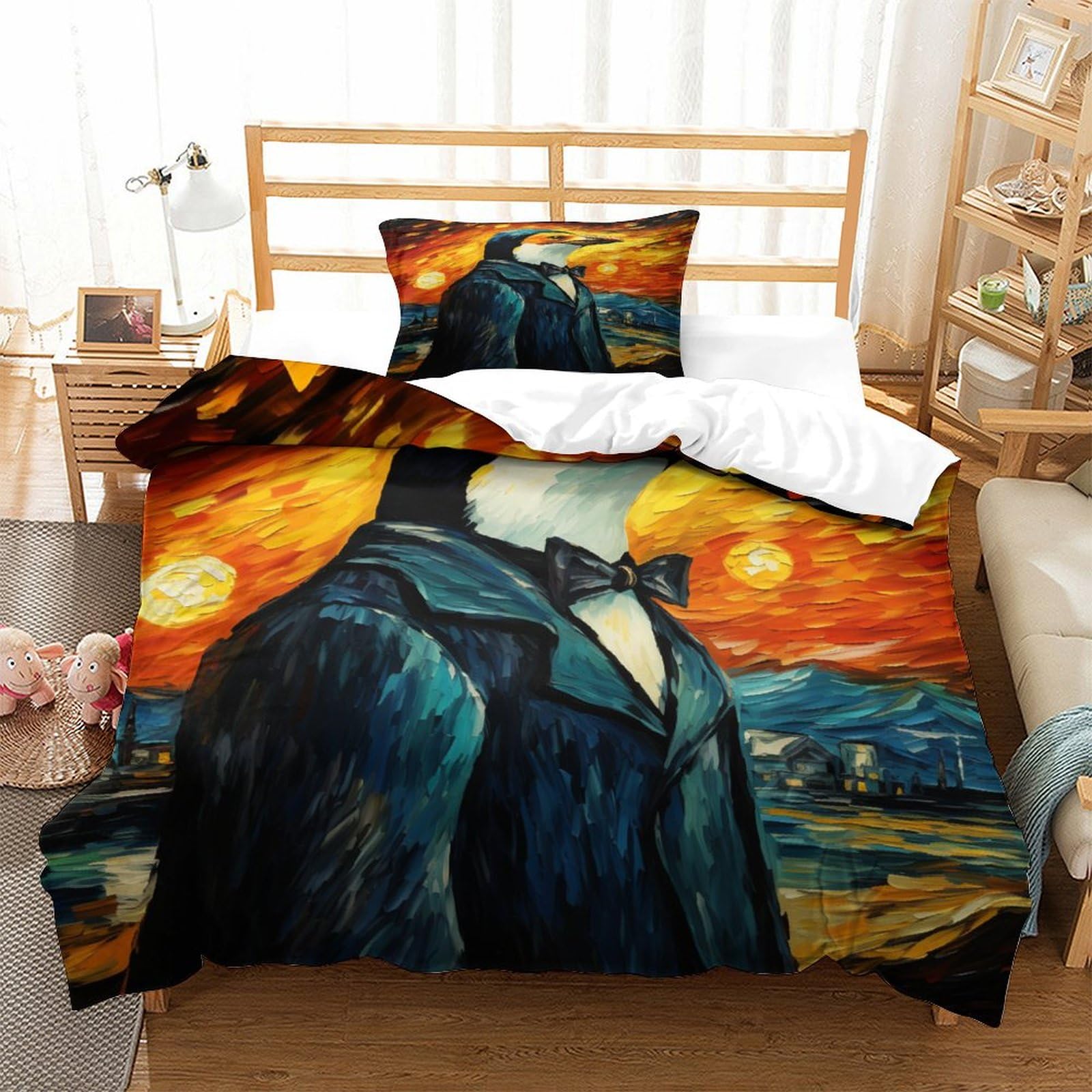 P1S9U7W5Y Artistic 3D Printed Penguin Duvet Cover Set 3 Pieces Microfiber Bedroom Decor Painting Penguin Bedding Set for Adults Teens Gift Single（135x200cm）