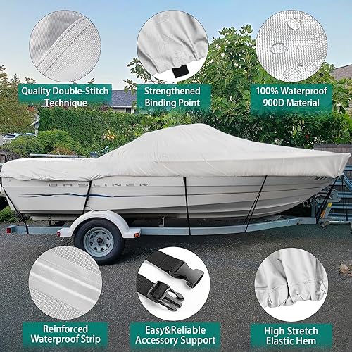 Miniatura 4 de Funda para lanchas remolcadas 900D de 16 pies con cubierta de motor fuera de borda, lona de grado marino impermeable de 16 pies, color gris