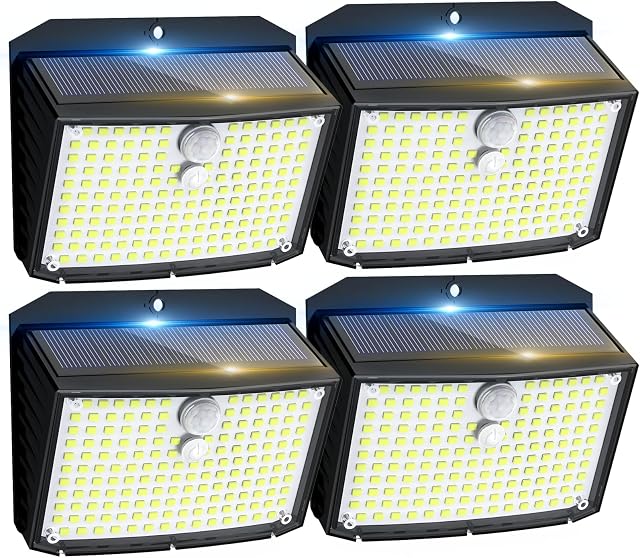 Fratink Solar Security Lights, 158 LED Solar Motion Sensor Lights, 3 Modes Solar Lights Outdoor Garden, IP65 Waterproof PIR Wall Lights Solar Powered Outside for Fence Door Yard (4 Pack)