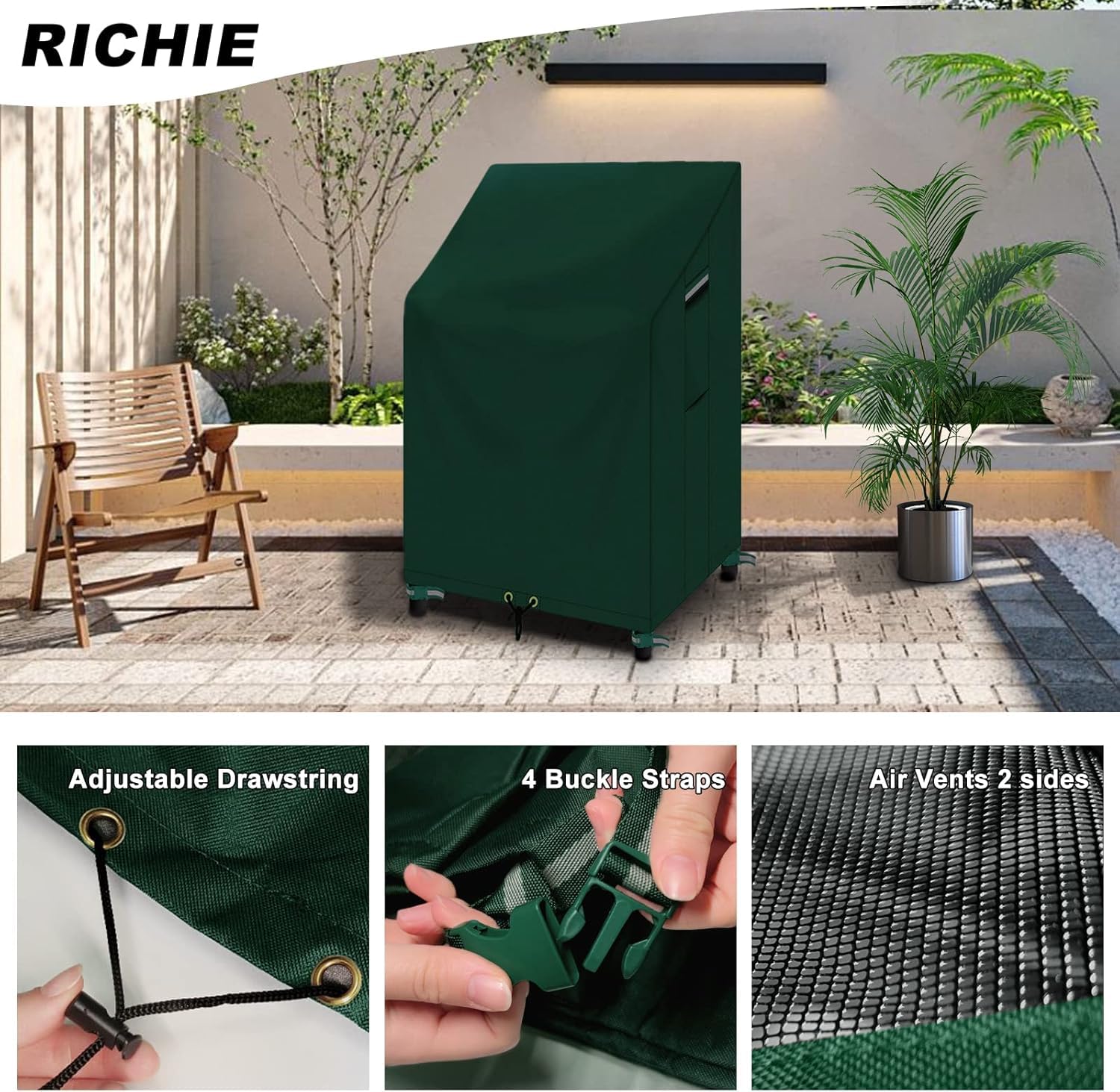RICHIE Garden Stacking Chair Cover, Waterproof Reclining, Patio Chairs 68x96x110/150cm, Anti-UV 600D All-Weather - Image 3