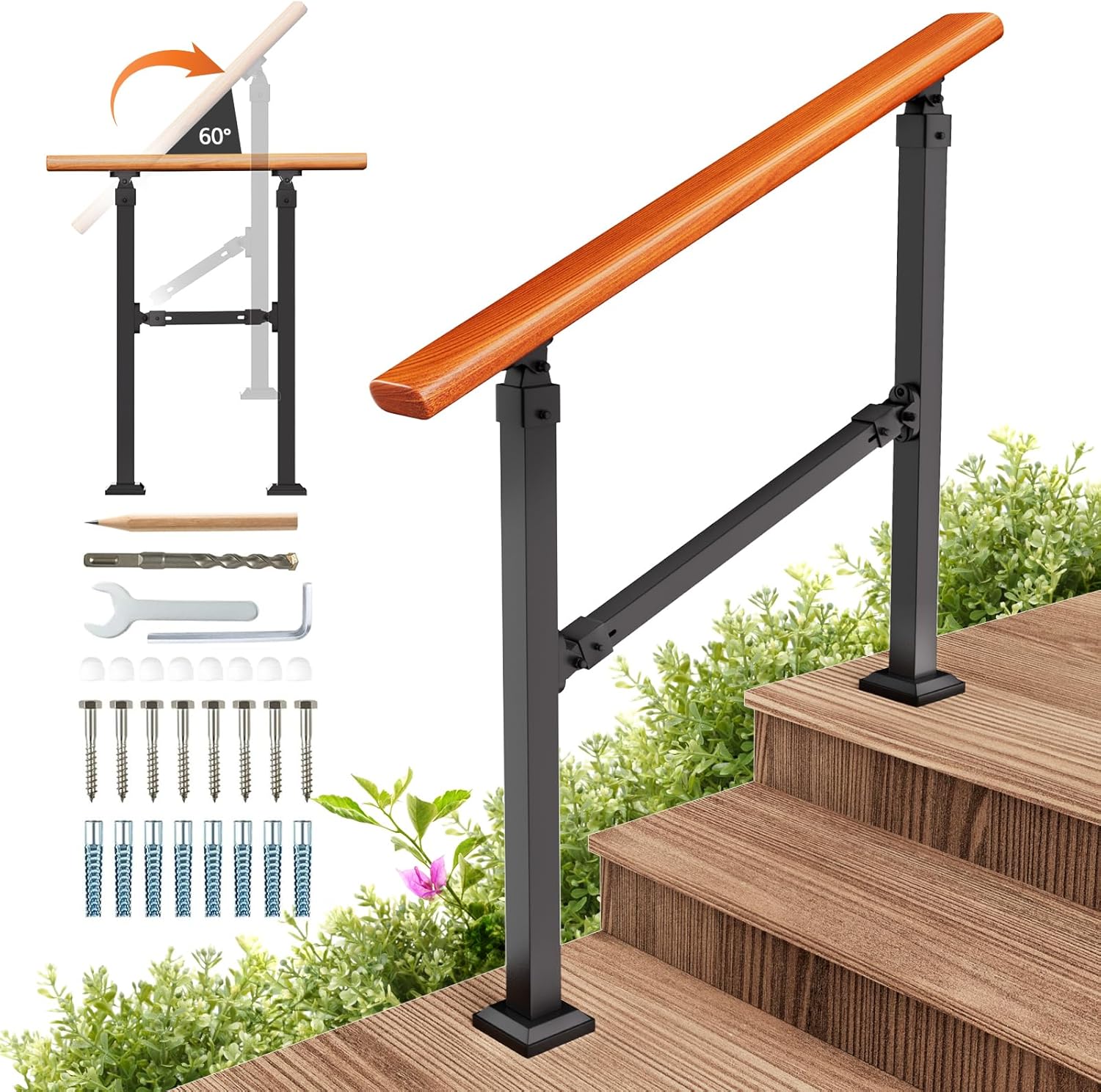 Outdoor Stair Handrail Kit, Indoor Iron Wood Grain Hand Railing, Fits 1-3 Steps 3 Steps Imitation Wood Grain