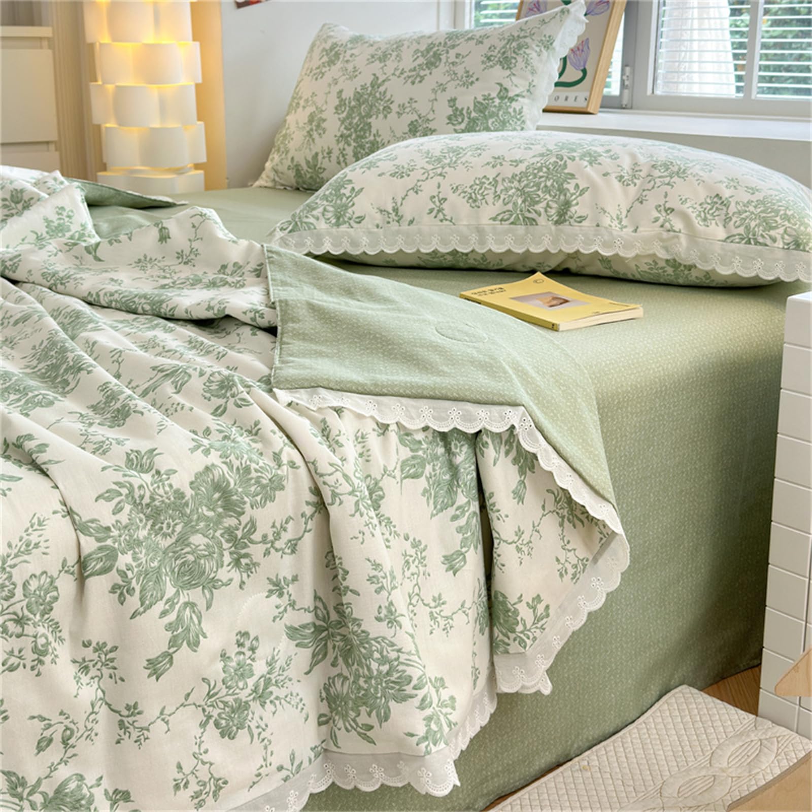 Fansu 100% Algodón Colcha Acolchada Fina Suave Cubrecama Rellenos Finos Toda Temporada Edredón Colchas Bouti Cama 90/135/150, Manta para Sofa Encaje Blanco (Enredaderas Verdes,200x230cm)