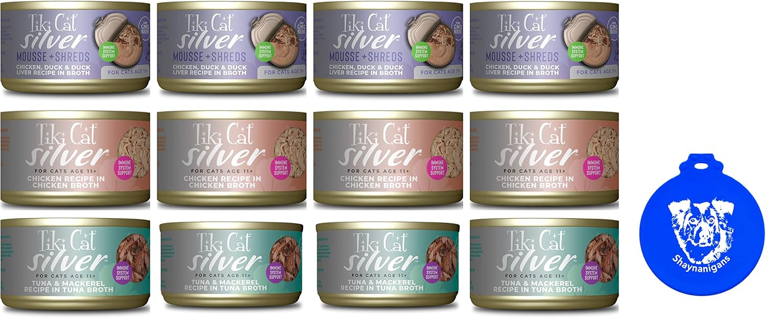 Tiki Cat Silver Canned Cat Food for Seniors in 3 Flavors: (4) Chicken & Duck Mousse & Shreds, (4) Tuna & Mackerel and (4) Chicken in…