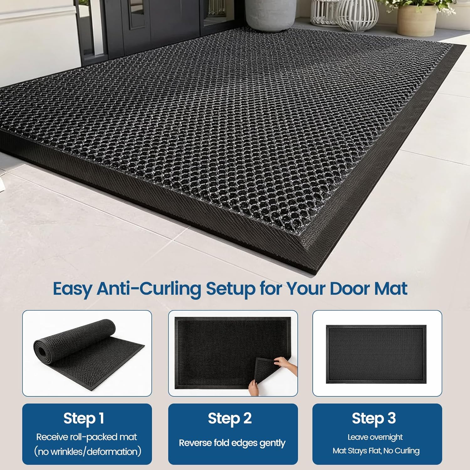 Heavy Duty 3D Mesh Door Mat 17"x30", Non-Slip & Lay Flat Outdoor Rug, Dirt Trapping Front Door Mat, Easy to Clean & Quick Dry for Entryway Patio Garage (Black)