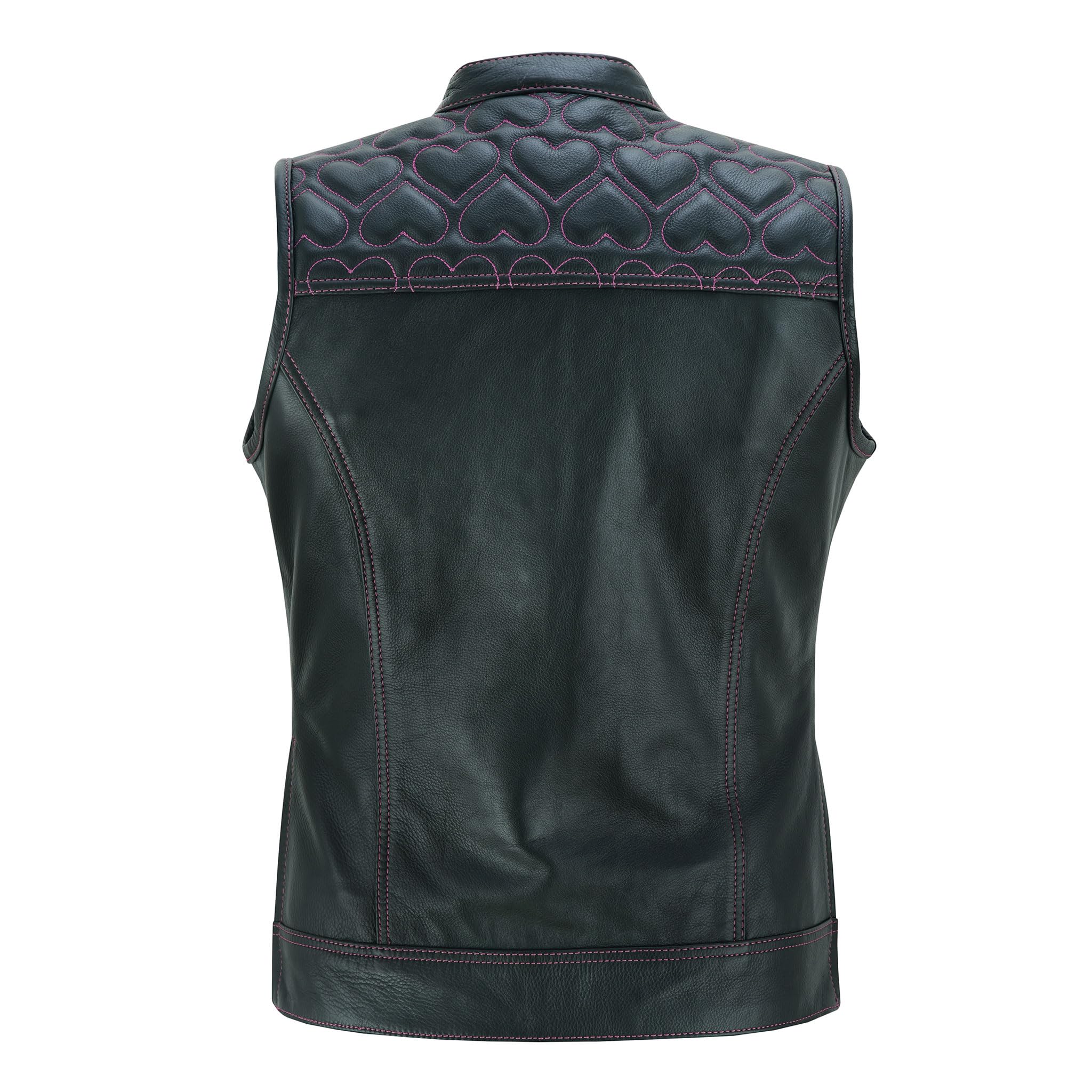 Leatherick Gilet da motociclista in pelle nera da donna - Fodera tradizionale in raso Paisley con cuciture a cuore rosa