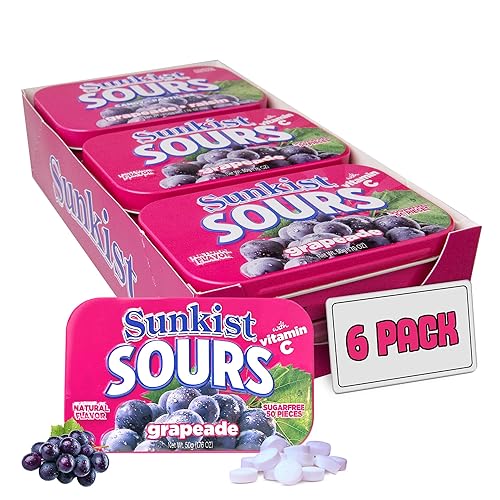 Sunkist Sours Grapeade, vitamina C, caramelo agrio sin azúcar, lata de 1.76 onzas, bandeja de 6 unidades