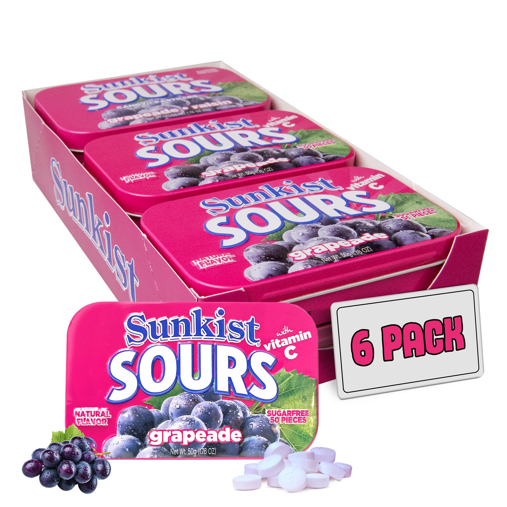 Sunkist Sours Grapeade, Vitamin C, Sugar Free Sour Candy, 1.76 Ounce Tin - 6 Count Tray