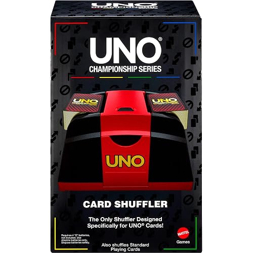Mattel Games UNO Championship Series Card Shuffler for UNO Cards and Compatible with Standard Decks, Push-Button, Shuffles up to 224 Cards | Shuffle UNO and Standard Decks, Easy Push-Button Activation, Shuffles up to 224 Cards