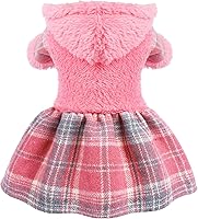 Vista 10 de Vestido de invierno para perro, lindo suéter de forro polar cálido con capucha para perros pequeños, vestidos de cachorro a cuadros rosados, ropa