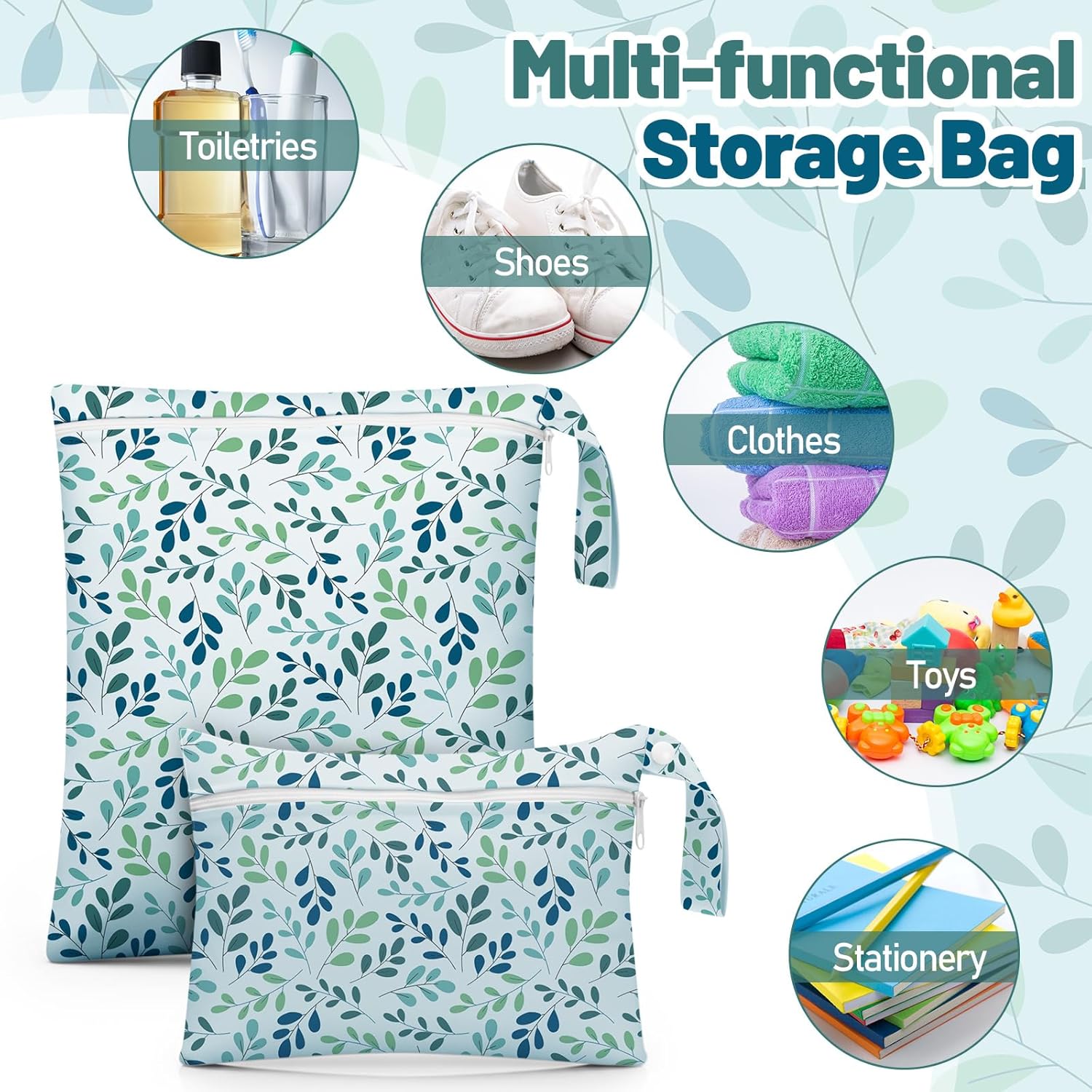 Reginary 8 Pack Wet Dry Bags Large & Small Waterproof Reusable Travel Bags Zipper Pouch for Baby Diapers Cloth Wet Clothes Beach Swimsuits Toiletries(2 Sizes,Leaf,Multicolor)