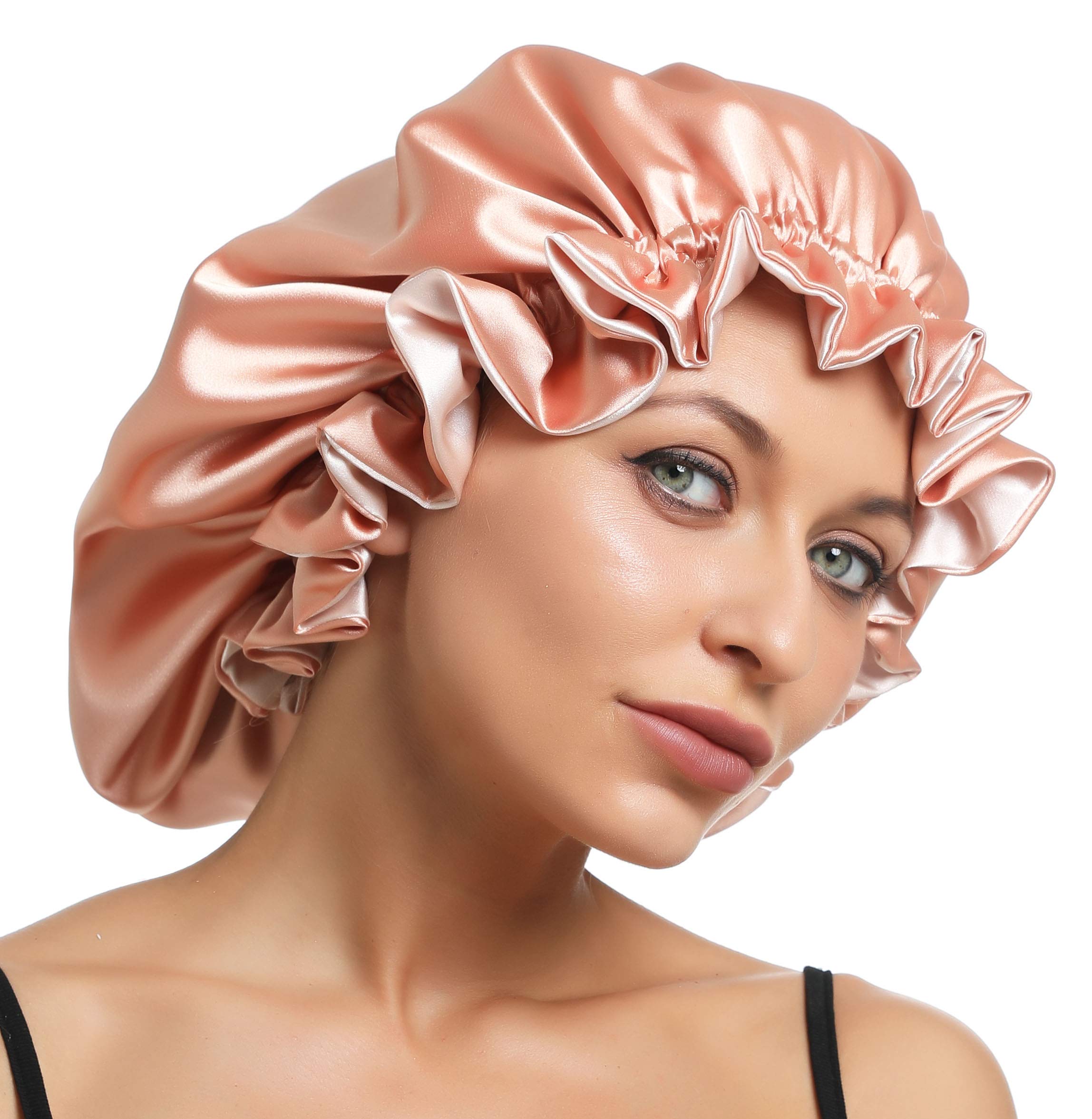 SENGTERM Women Large Satin Bonnet Adjustable Silky Sleep Cap Hair Bonnet Double Layered Reversible for Curly,Natural Hair(XL-ADULT, XL Golden-Beige)