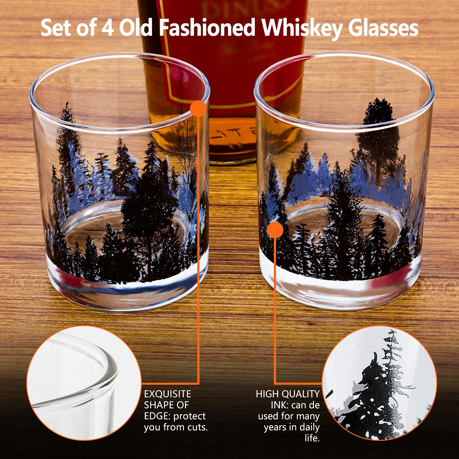 Old Fashioned Whiskey Glasses Set Of 4 – 10 Oz, Hand-Etched Design, Dishwasher Safe, Gift Box