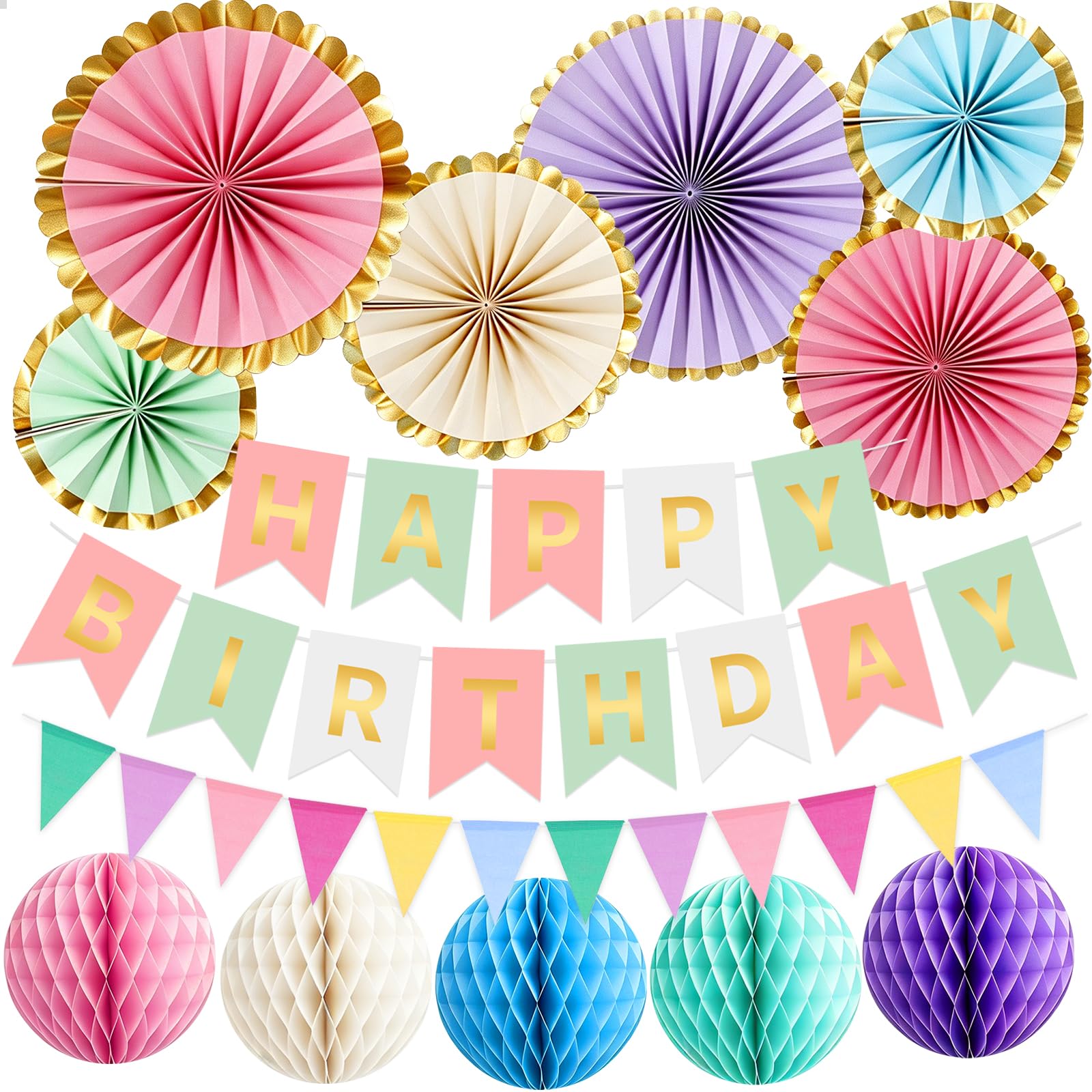 Premium Wiederverwendbare Geburtstagsdeko, Pastell Party Deko, Happy Birthday Girlande, Wimpelkette, Wabenbälle, Pompons Deko, Geburtstags Party deko